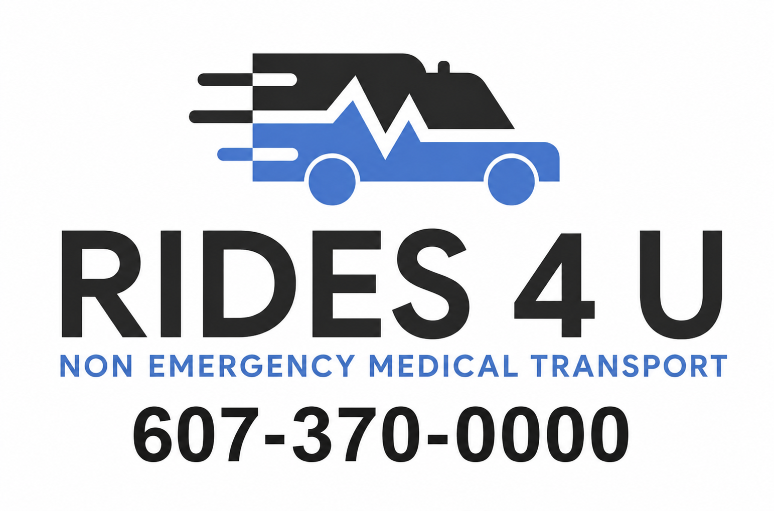 Logo for Rides 4 U, a non-emergency medical transportation service, featuring a stylized blue and black car with motion lines and a heartbeat line, along with the contact number 607-370-0000.