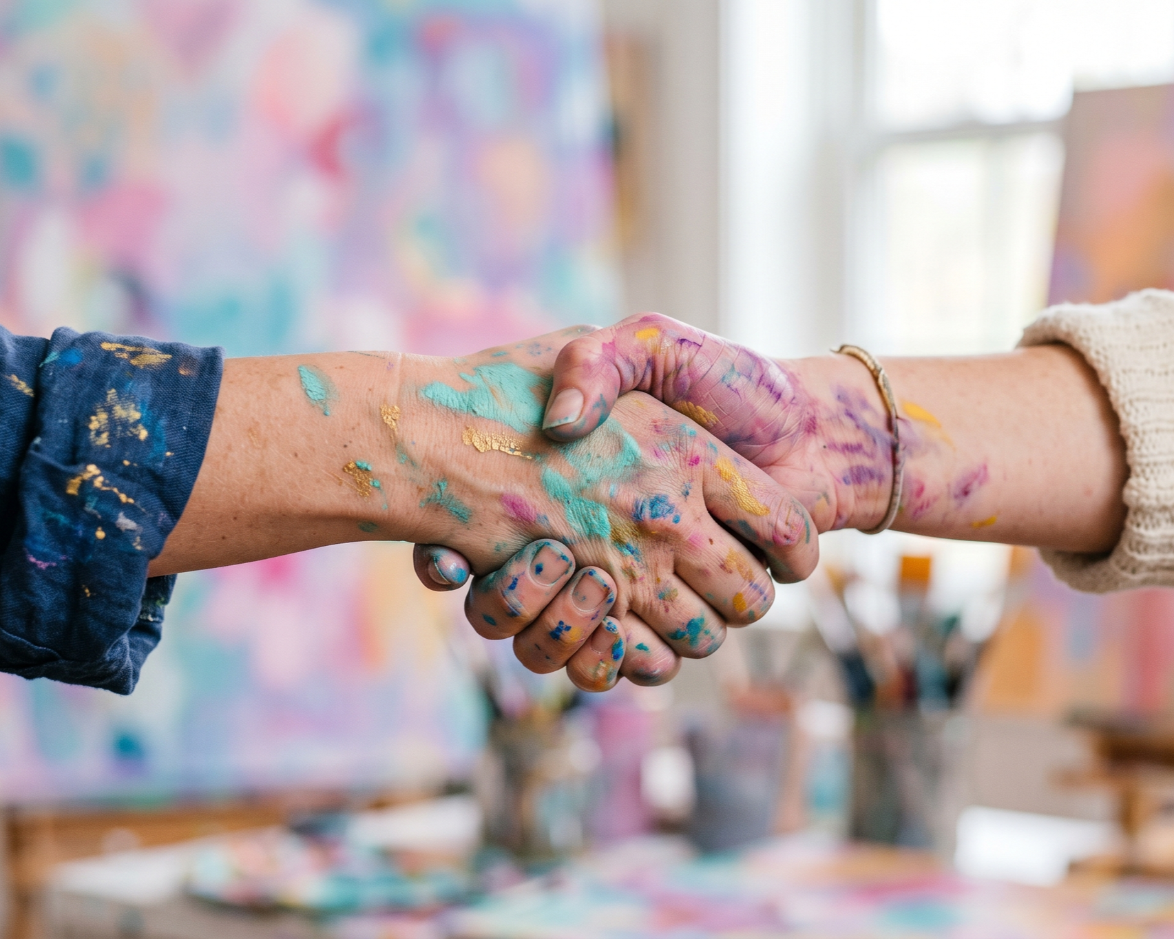 Two hands shaking covered in paint