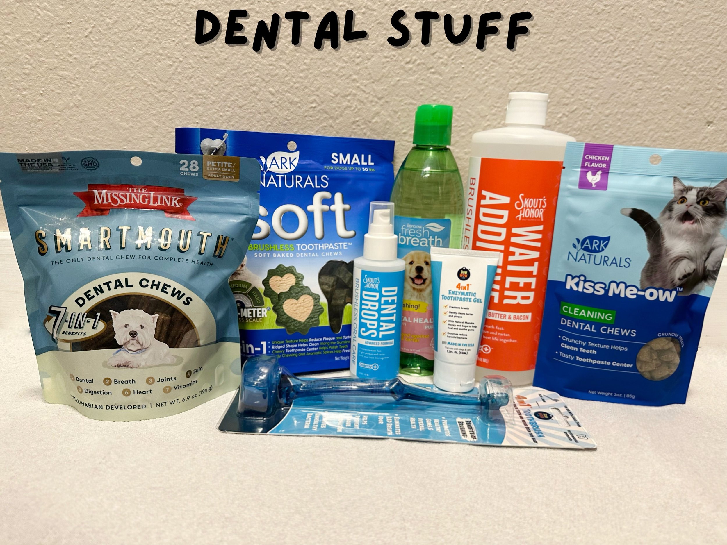 We have many items for your dog's (and cat's!) teeth, because we know that it is so easy for their breath to STINK. we have many options, and we even have quite a few brushless options if that's what your dog needs!
