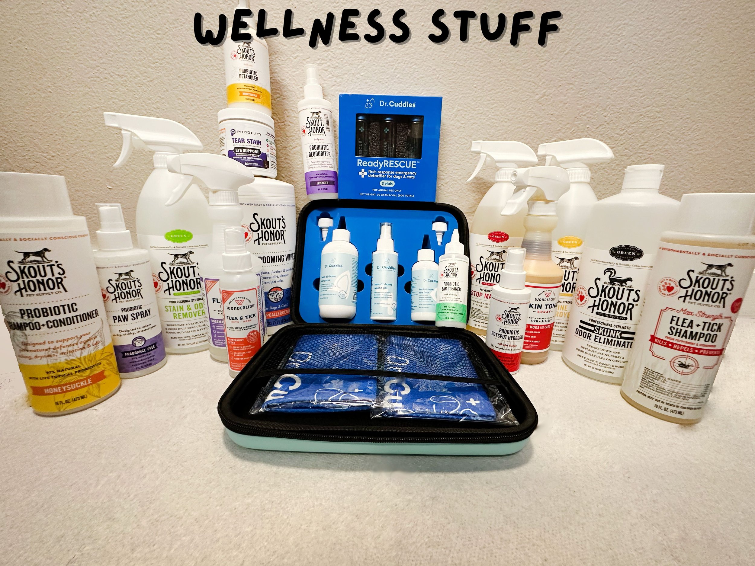 We have a *very* wide selection of flea, tick, health, and wellness items that are perfect for your pup's needs! These items range from cleaners to a first aid kit that includes multiple essentials for having a pet. Honestly, everything you could eve