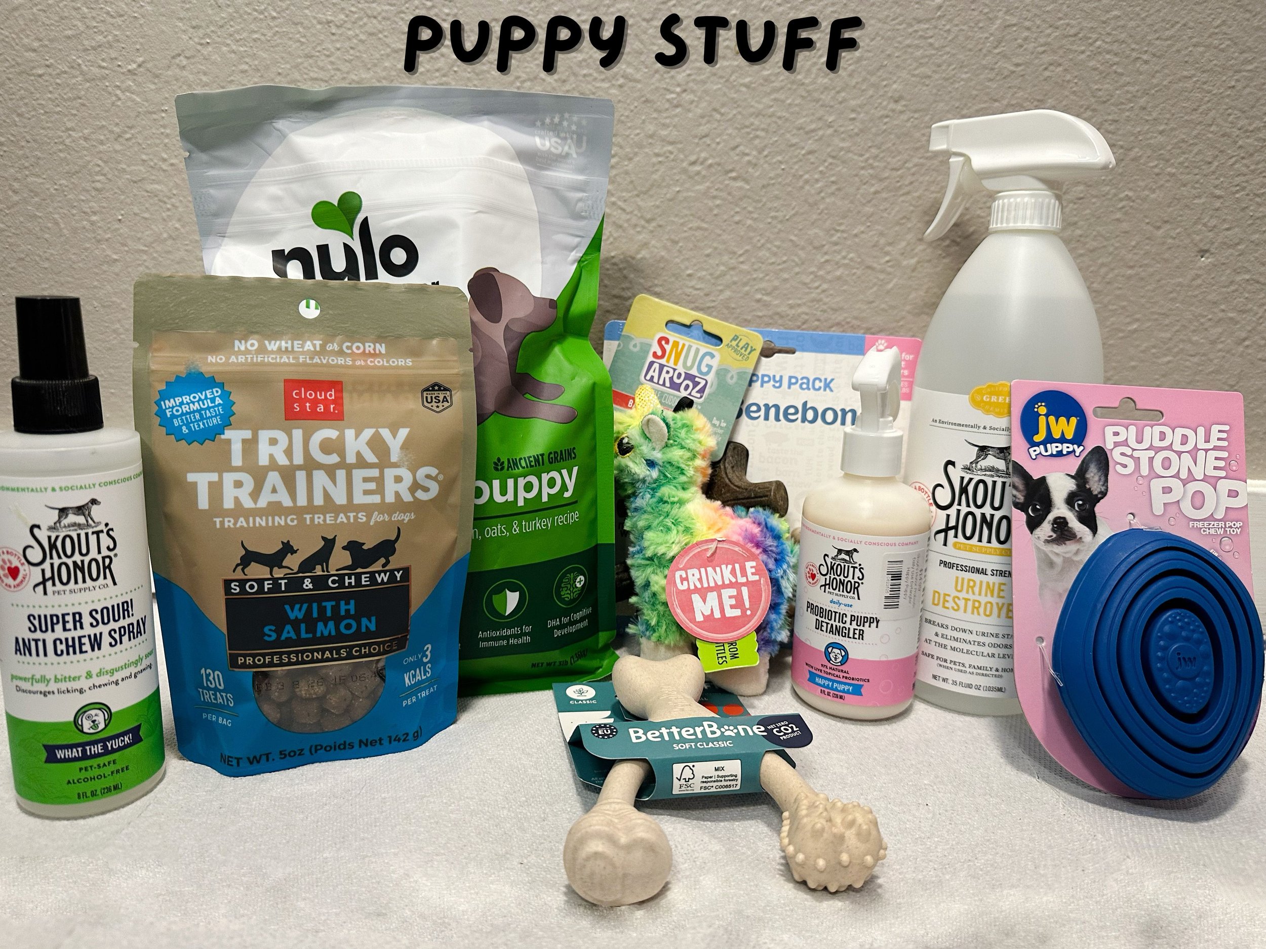 If you have a brand new puppy, the products pictured would be the perfect match! Some help your dog learn not to chew or mark, and some are simply made for our smaller furry friends!