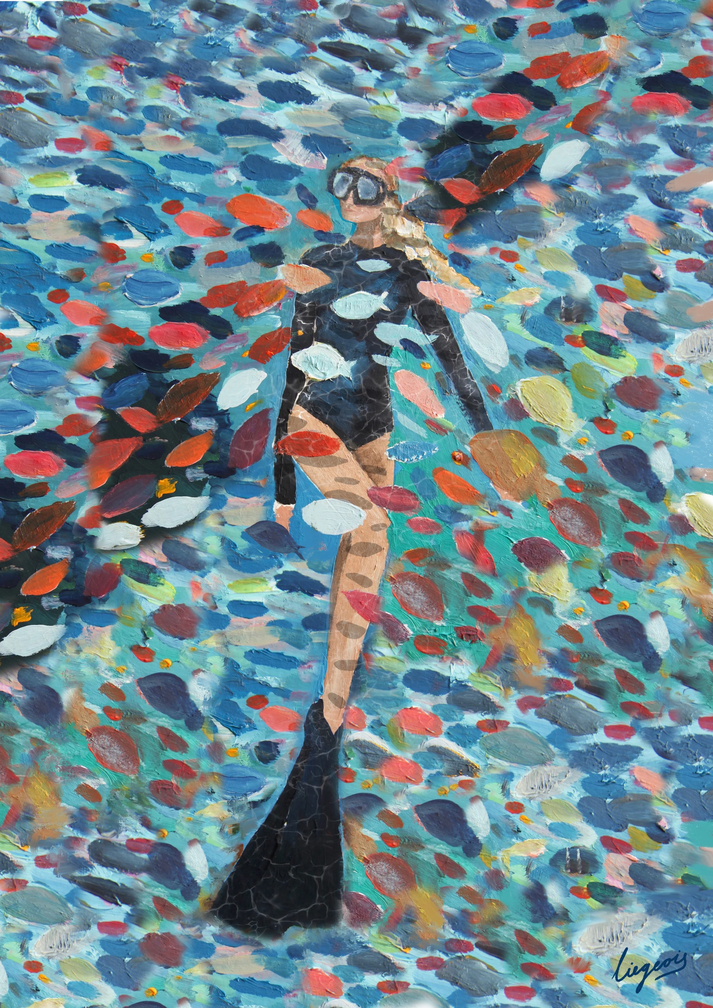 Painting of a woman in a black swimsuit and glasses walking through a colorful abstract background with brushstrokes in blue, red, yellow, white, and green.