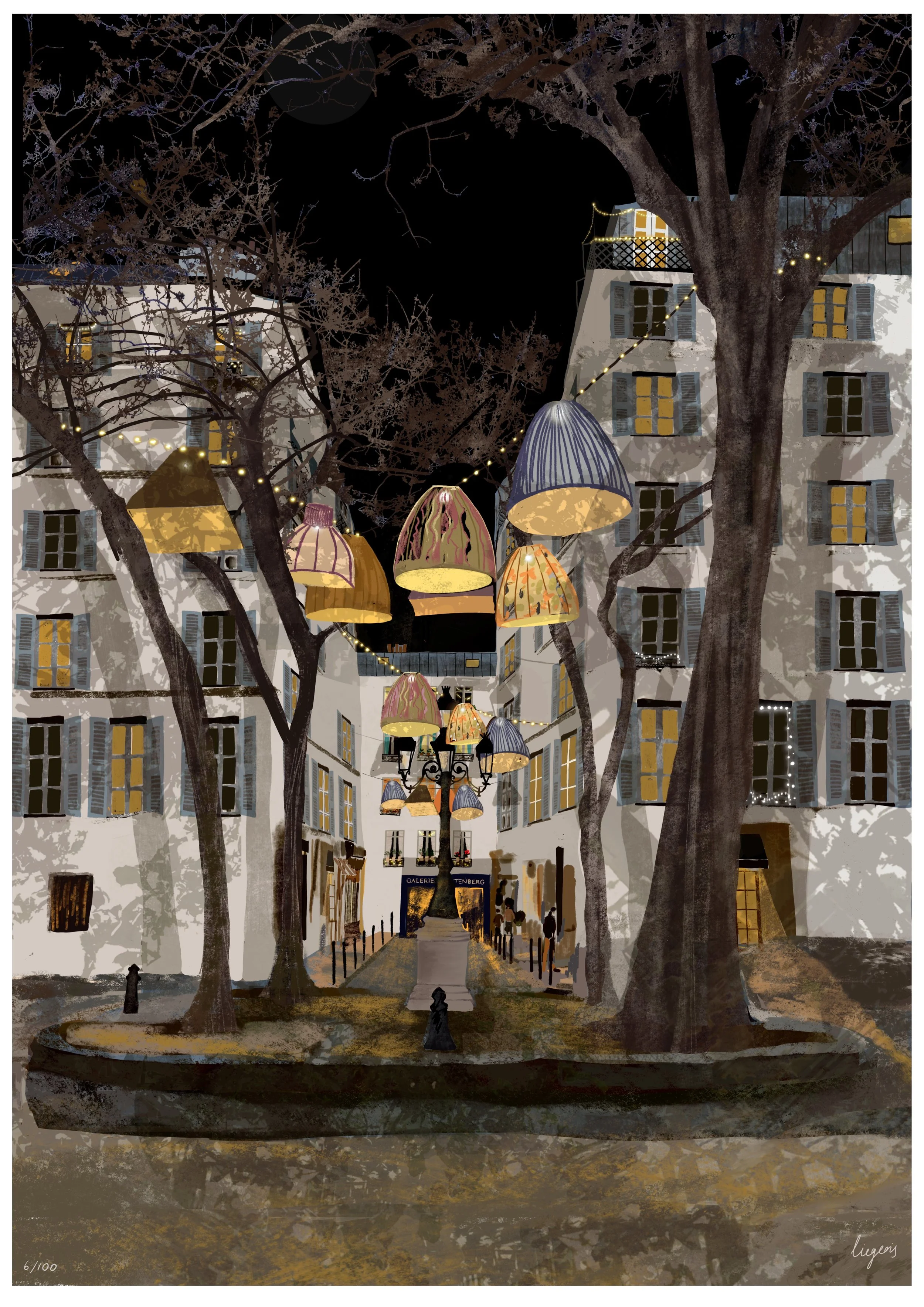 Nighttime street scene with white buildings, trees, hanging lamps, and people walking.