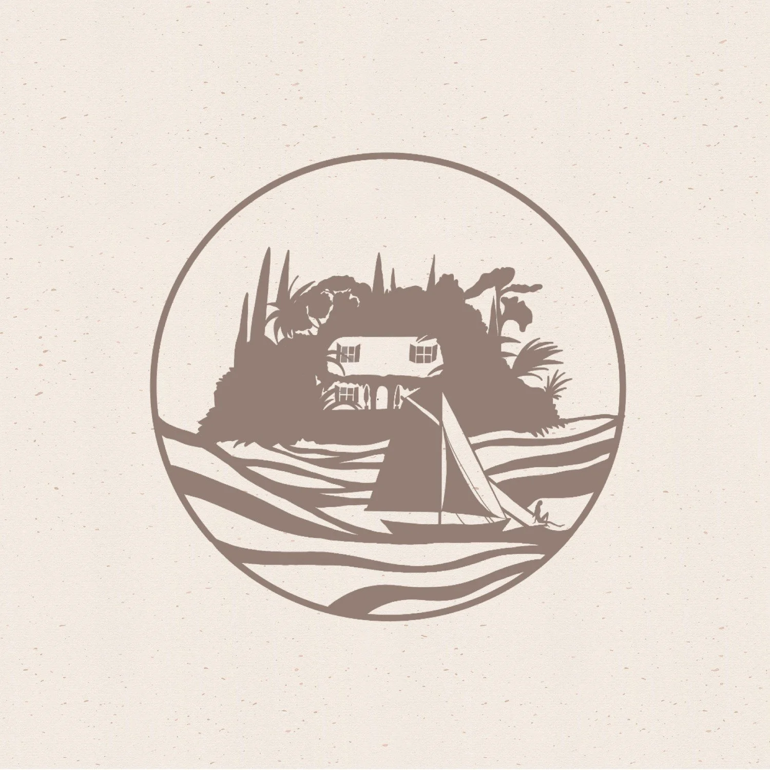 Illustration of a house with a curved pathway leading to it, surrounded by trees and plants, with a sailboat on the water in the foreground, all within a circular border.