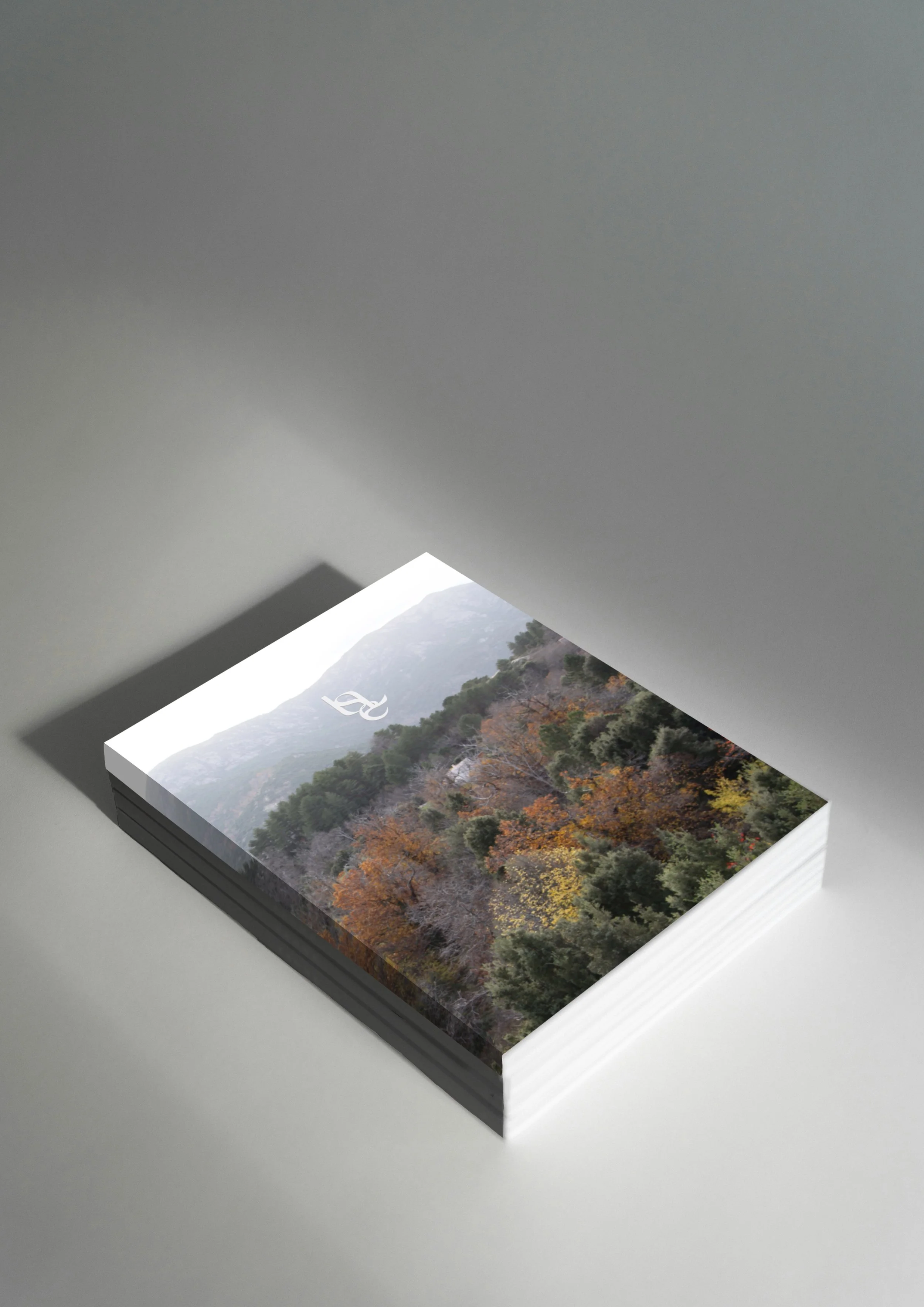 Stack of brochures featuring a mountain landscape with trees in fall colors and a white logo at the top.