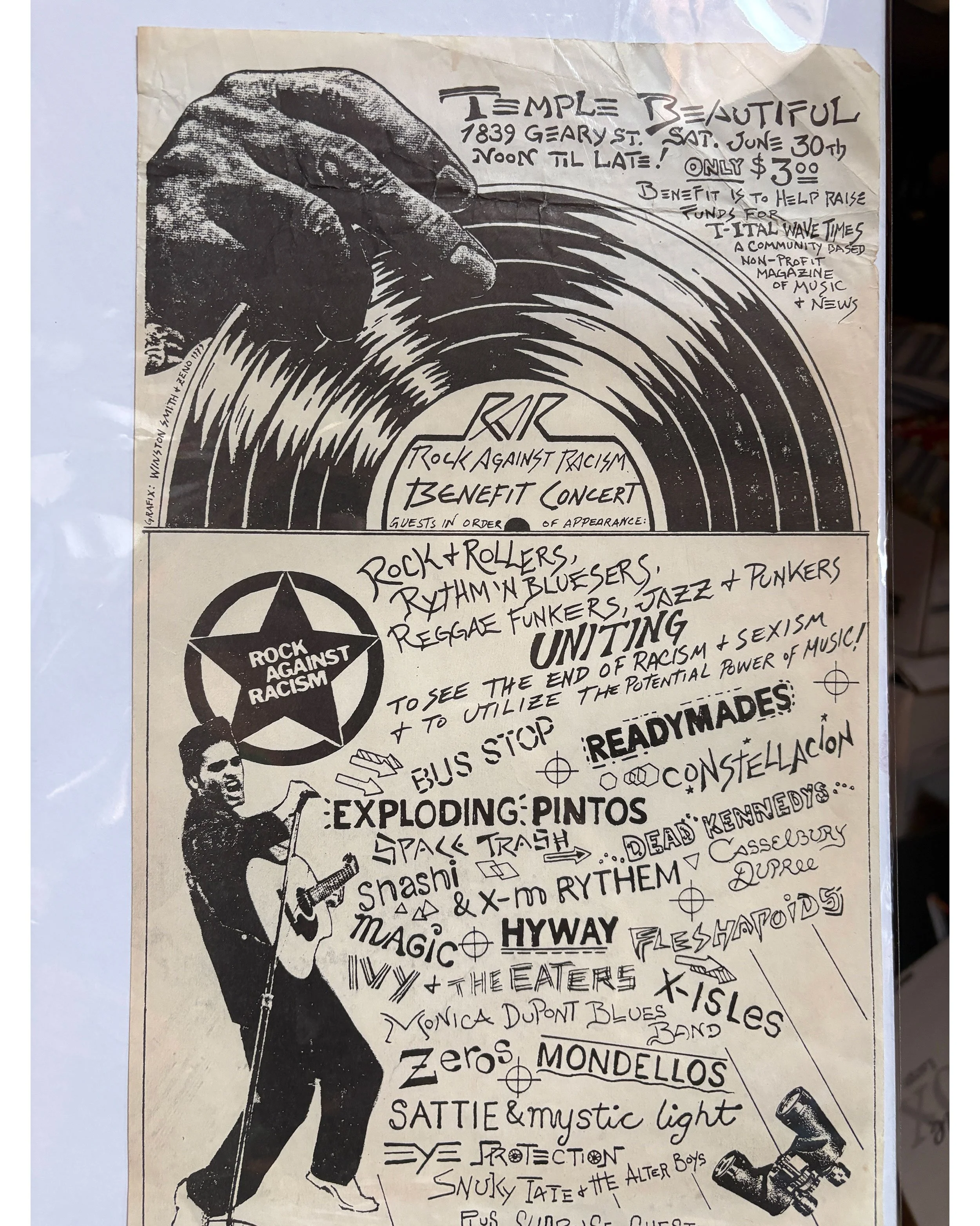 This is one of two 8 1/2" x 11" gig flyers I designed for Rock Against Racism shows we produced in San Francisco in the late 1970s up through 1980.  I was given a list of Bands in order of appearance and in the midst of them was listed "Dead Kennedys