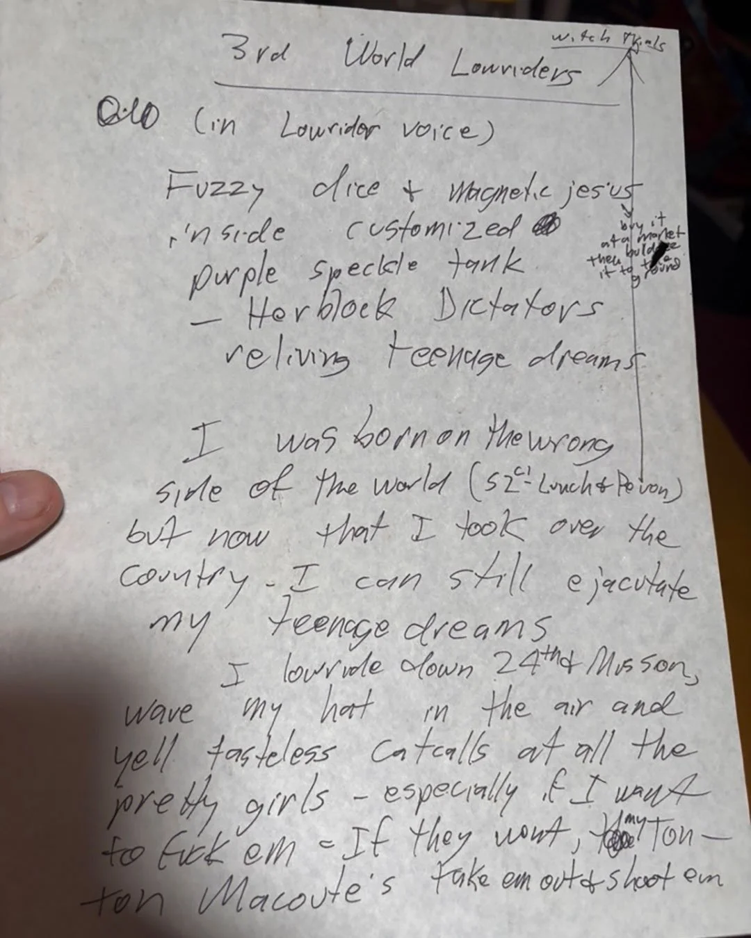 This is his rough draft of a song.  Can't tell exactly which track it was for.  The other page is the reverse side where the ink bled through.  This was for a track Biafra called "3rd World Lowriders" which never appeared on a dead K album.