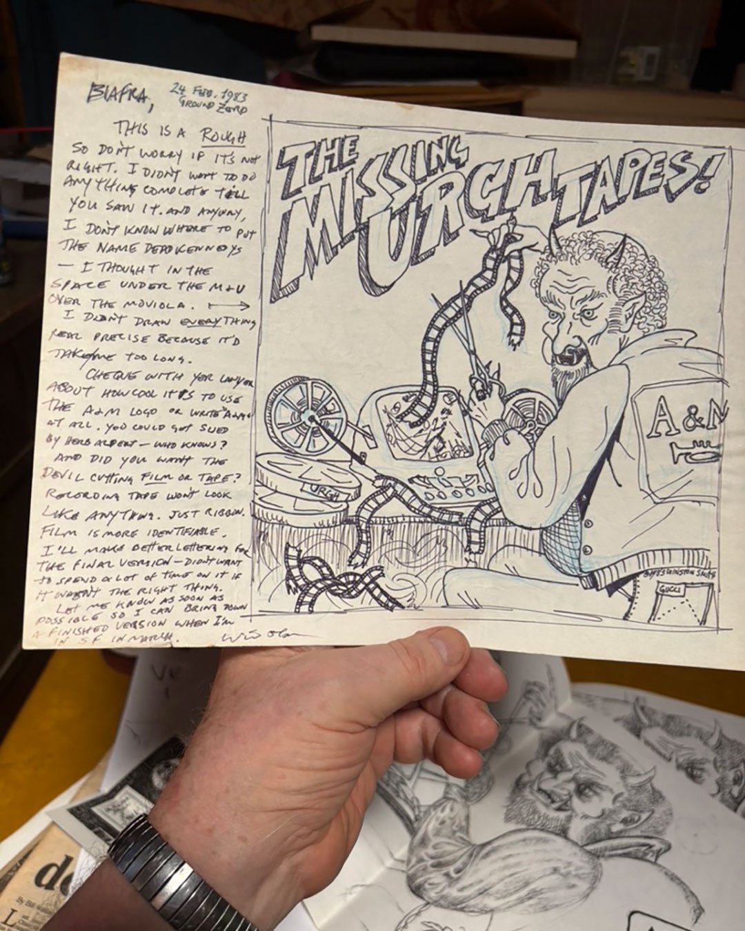 First Image:  This is the first rough sketch of the album cover for "The Missing Urgh Tapes" from the A&M film "URGH!"   Biafra was annoyed that when the sound track was released they didn't include Dead Kennedys.  The plan was to release their own r