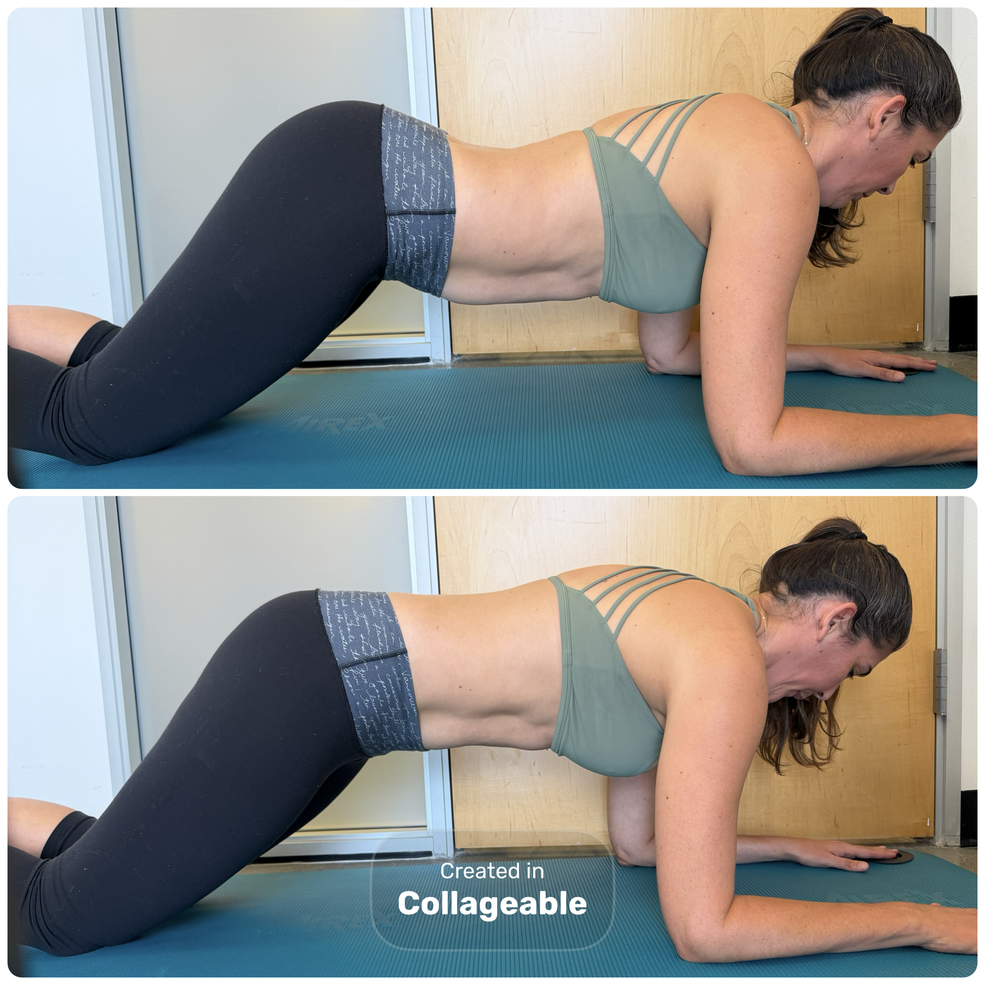comparison of plank position with distended abdomen versus controlled trunk alignment showing proper core engagement