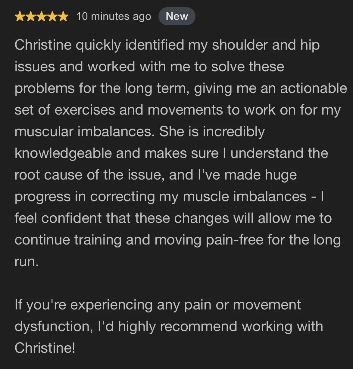 Westley’s review of working with Christine: personalized training, massage therapy, and a program he could follow between sessions helped him feel stronger and return to working out.