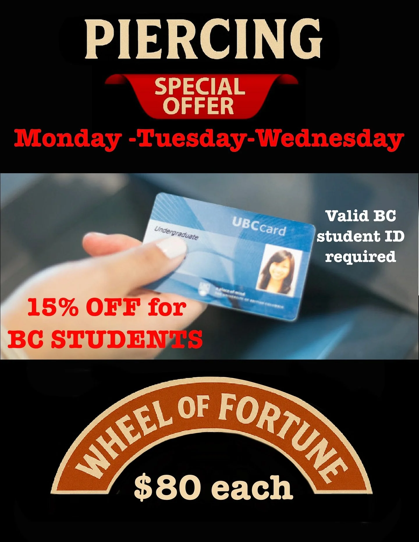 ✨ PIERCING SPECIALS AT RED CAT STUDIO ✨

Hey busy students! 📚💫 Need a little midweek sparkle?
Show your BC Student ID and get 15% OFF any piercing &mdash; just mention that you&rsquo;re a BC student and present your ID when you come in!

🎡 Feeling