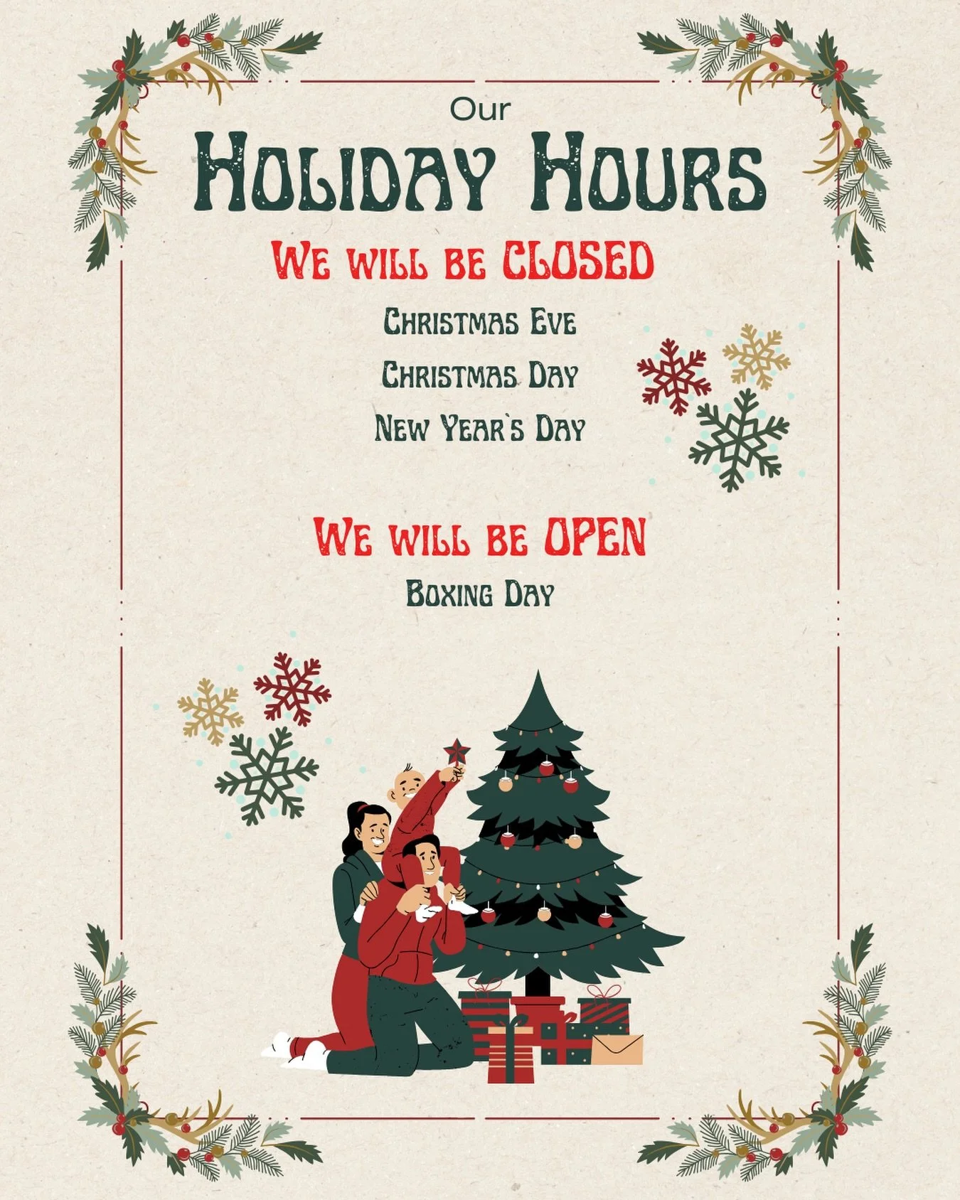 🎄 Holiday Hours Update 🎄
Here&rsquo;s when we&rsquo;ll be taking a little festive break:

❌ We will be CLOSED: &bull; Christmas Eve &bull; Christmas Day &bull; New Year&rsquo;s Day

✅ We will be OPEN: &bull; Boxing Day

Thank you for spending this 