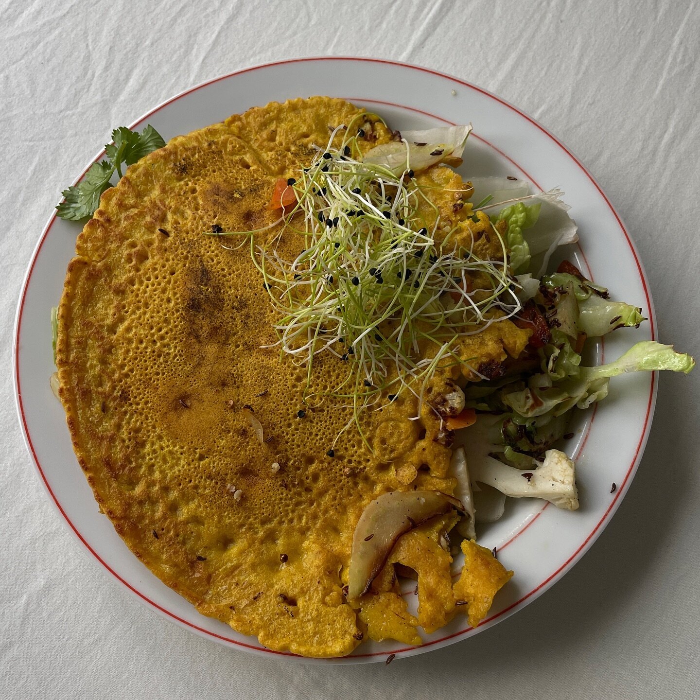 Divine chickpea pancakes

one of my favourite quick, easy, protein rich, healthy meals to make - and delicious too.

BLEND 
Chickpea flour + water (1:1)
Nutritional yeast (don&rsquo;t be shy)
Turmeric powder (1 teaspoon)
Salt
Pepper

Heat pan, add oi