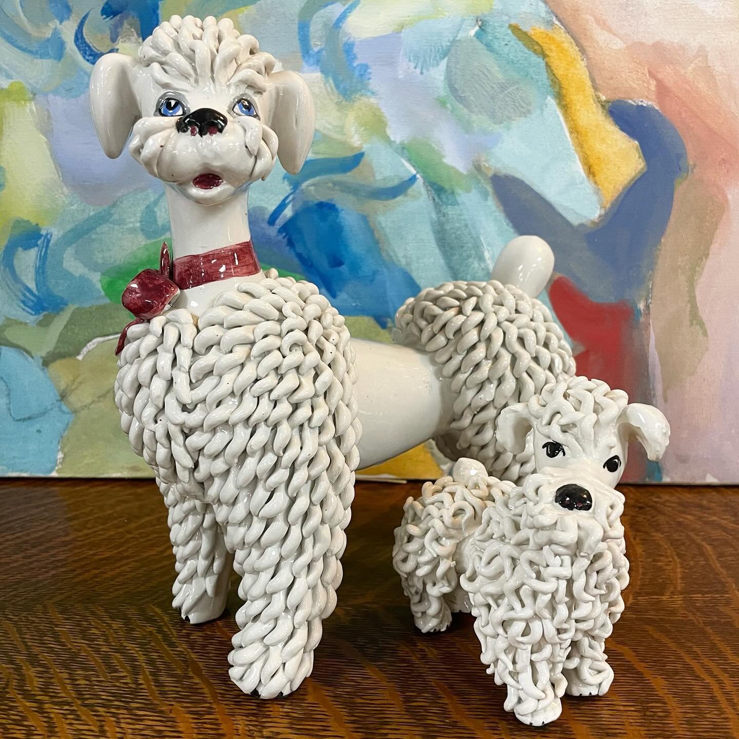 Some poodle pals! Ceramic, made in Italy, bigger is 9.5&rdquo; tall, 19&rdquo; long, $53. Smaller is 5&rdquo; tall, 5&rdquo; long, $27.
