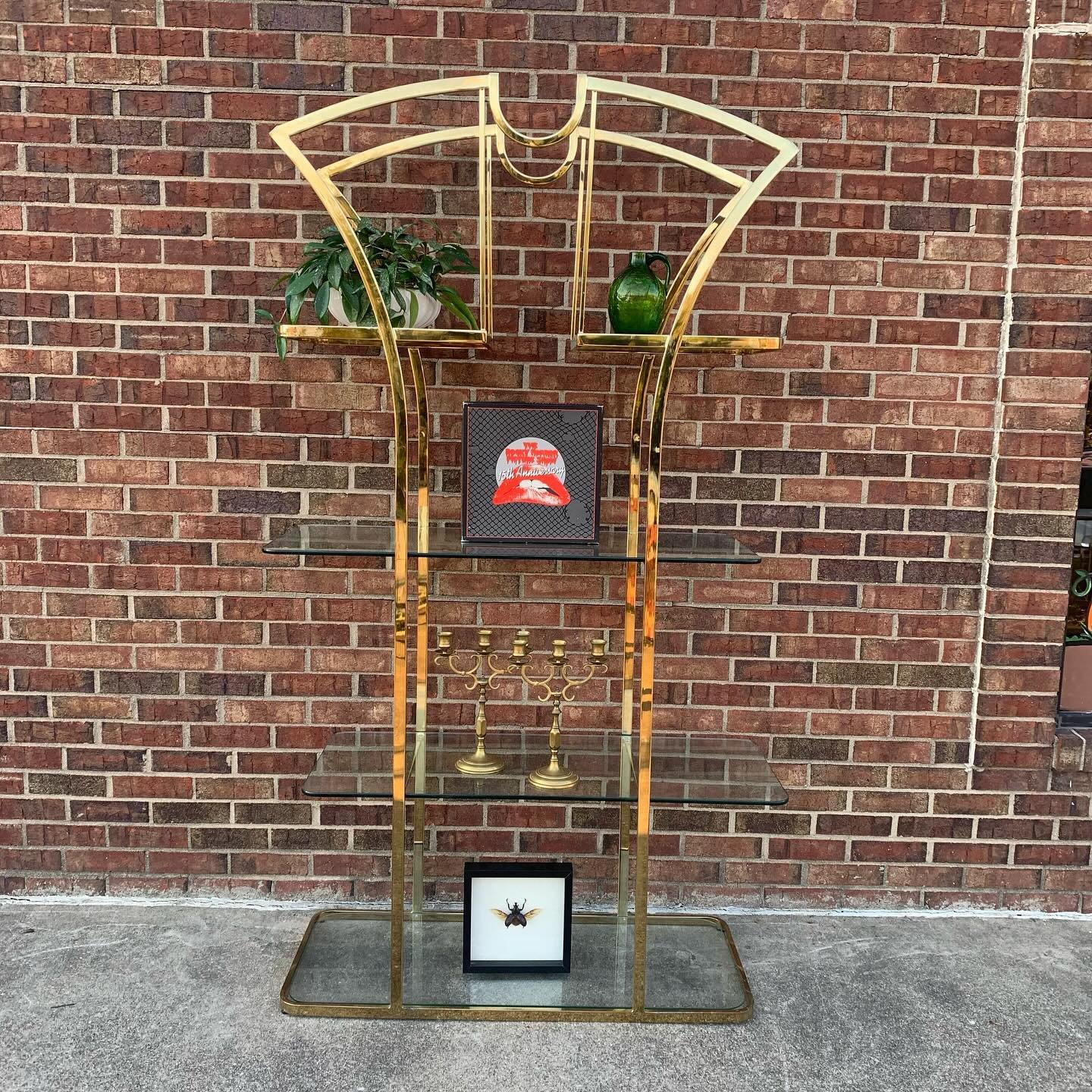 🚨🚨Huge markdown alert 🚨🚨. Deco style brass and thiccc glass etagere 6&rsquo;6&rdquo; tall 42&rdquo; wide 16&rdquo; deep WAS $325 NOW $225