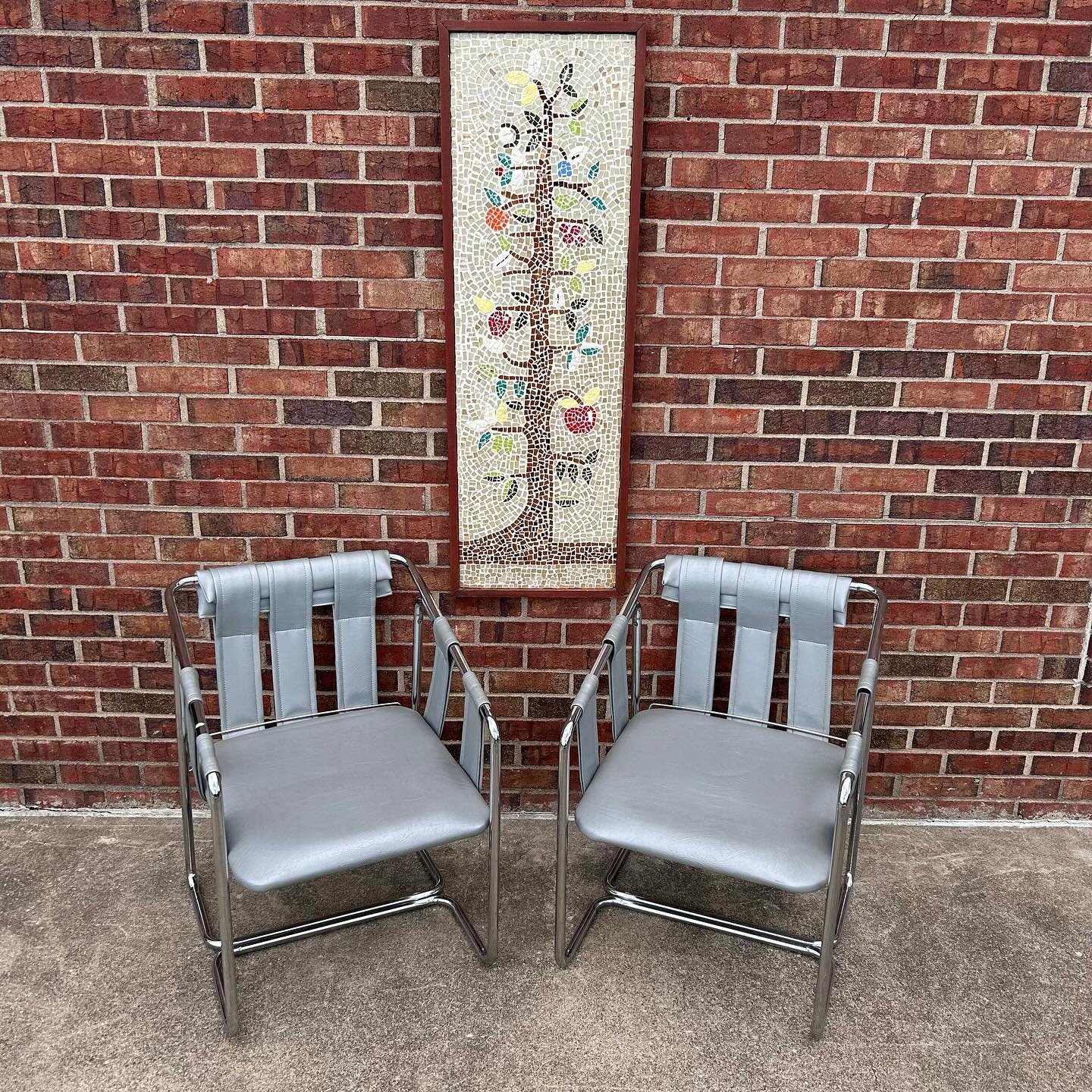 Woah mama! Chrome strap chairs are too good for words. 30&rdquo; tall 22&rdquo; deep 24&rdquo; deep $275 for the pair. Beautiful handmade tree mosaic 49&rdquo; tall 16.7&rdquo; wide $148