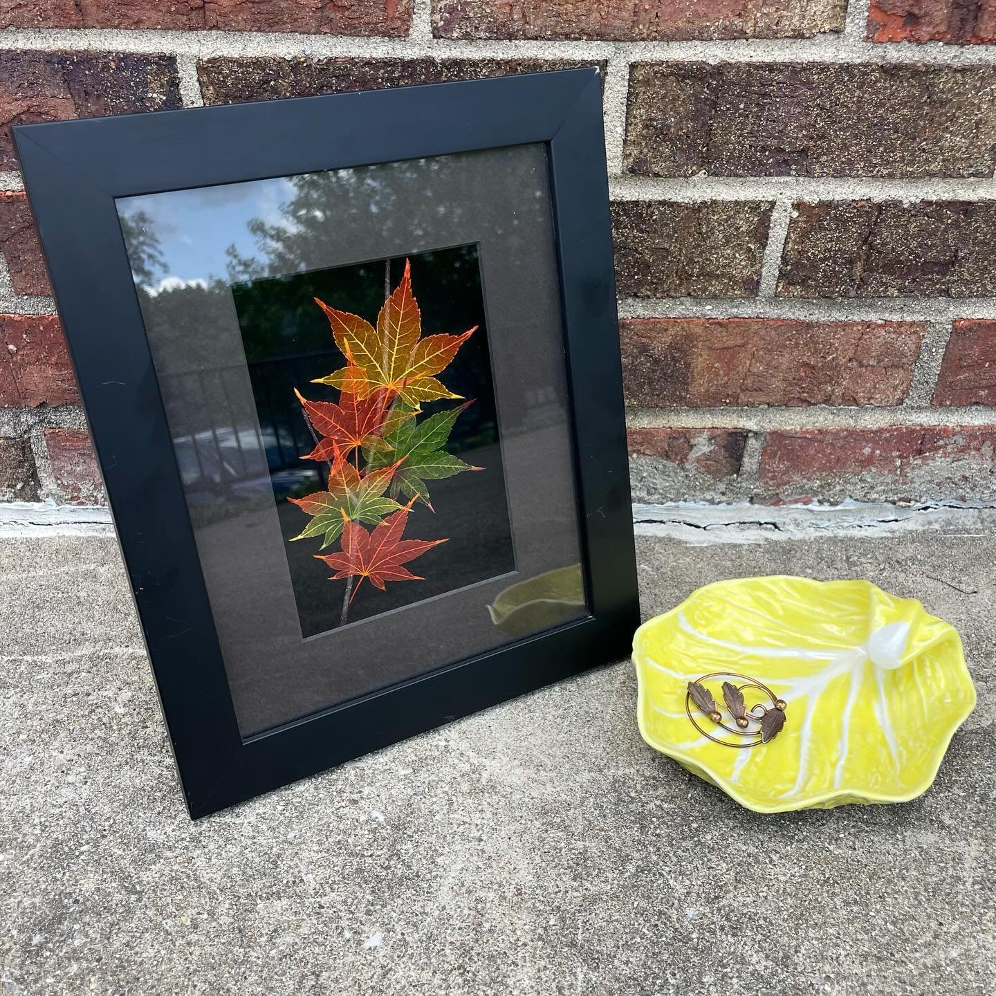 Throwing out a ~leafy~ moment today! &ldquo;Leaf Lines&rdquo; by Booker Morey, 10x12, $100. Catchall dish, 7&rdquo;x6.5, $24. Copper leaf brooch, 2&rdquo; wide, $18.