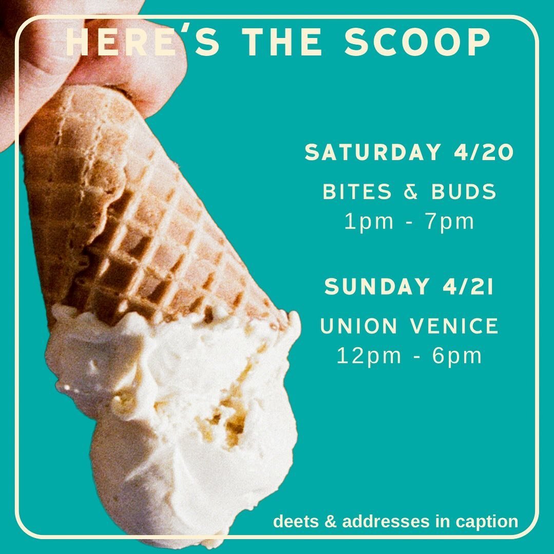 This weekend&rsquo;s popup schedule is live! Deets 👇

SATURDAY 4/20 😎🪴🍨

Bites &amp; Buds by @puffdao + @eaze 
7257 Sunset Blvd, LA CA 90046
1PM - 7PM

This one is going to be alottt of fun. We teamed up with Scratch Baked Edibles to make some ve