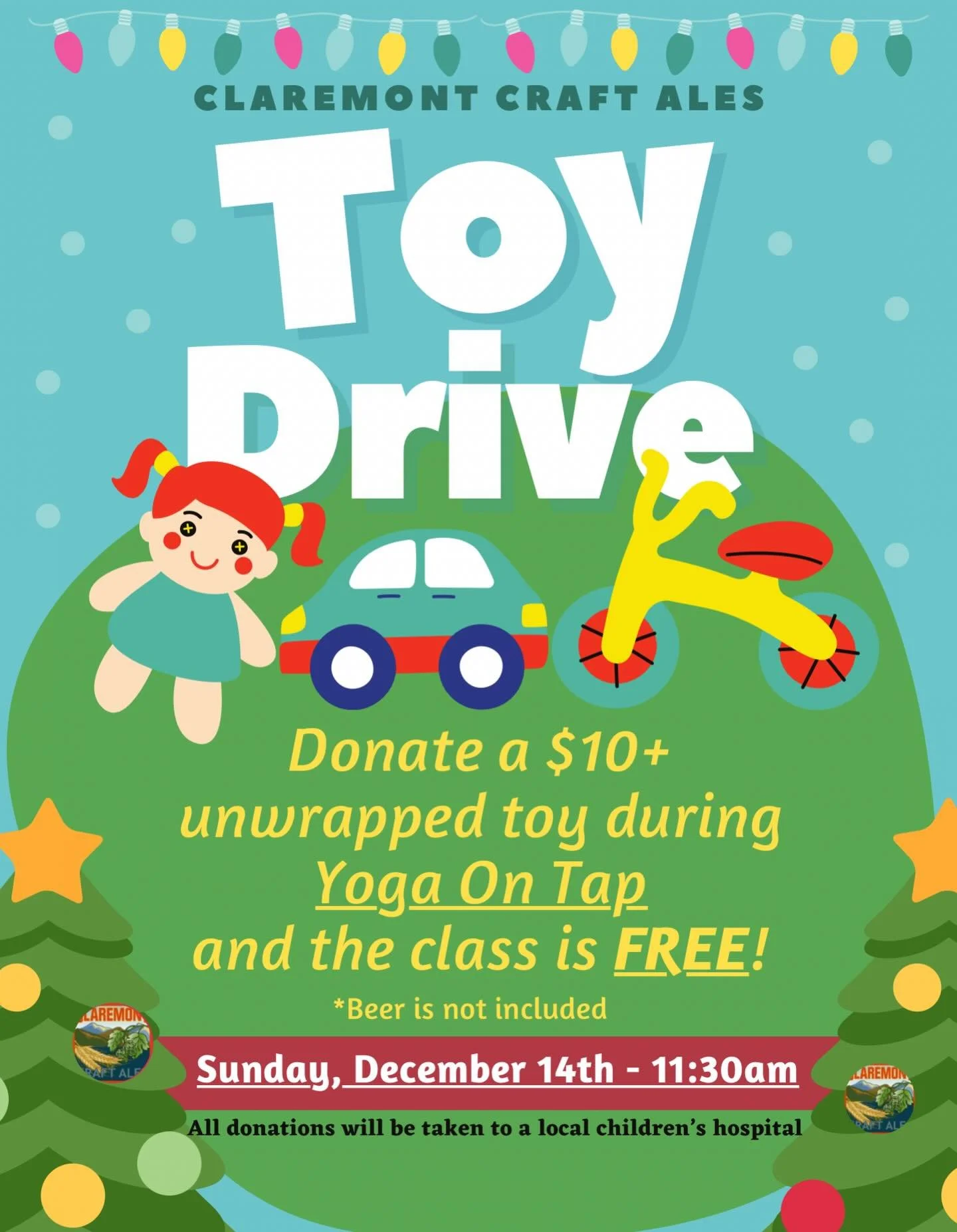 Yoga On Tap + Toy Drive is TODAY at 11:30am! Donate a $10+ unwrapped toy and the class is FREE! After, enjoy a tasty brew and food from @thephillykingoc. See you here!

#claremontcraftales #cca #claremontbeer #toydrive #yogaontap