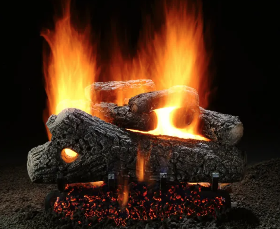 Realistic gas fireplace with burning logs and flames
