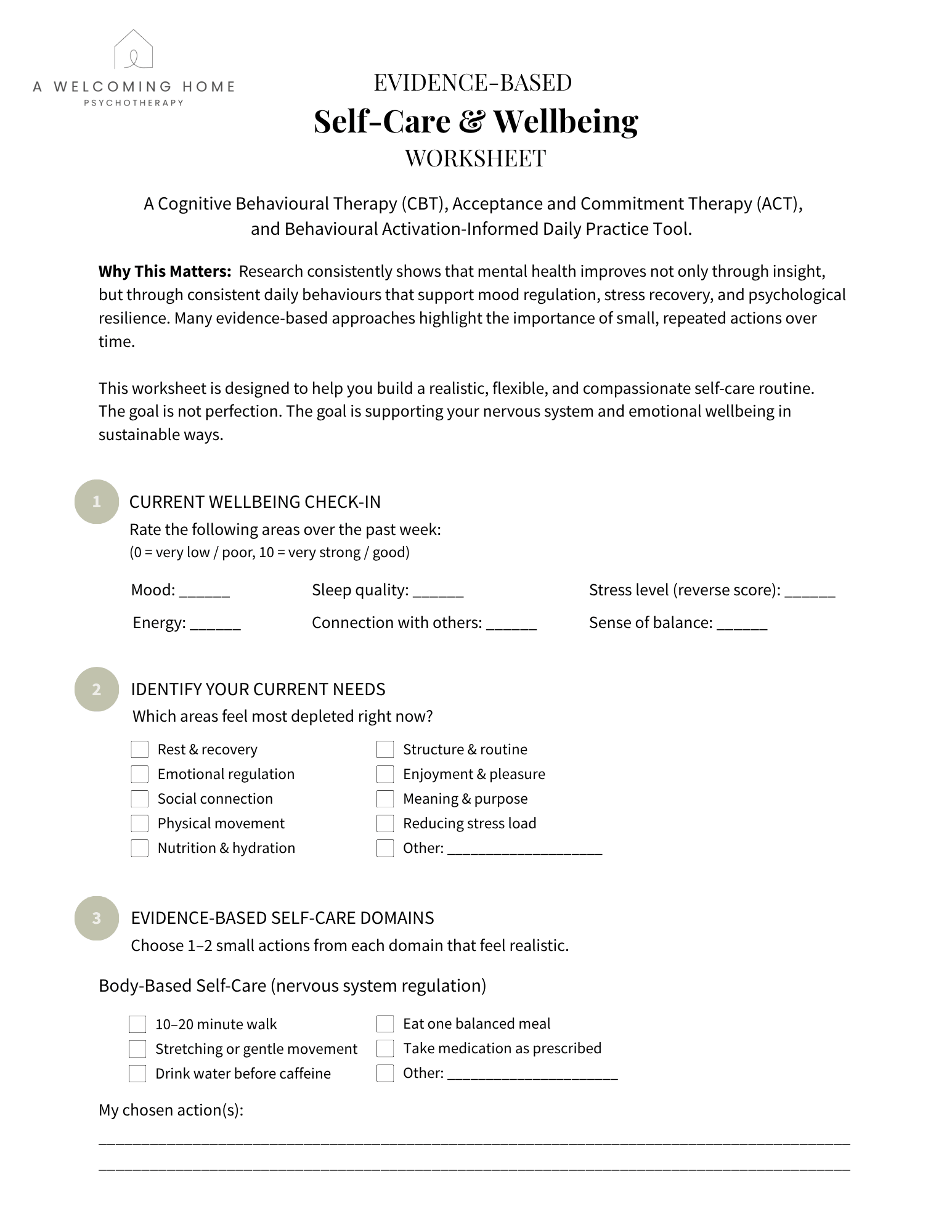 A worksheet titled 'Evidence-Based Self-Care & Wellbeing' from Welcoming Home Psychotherapy. It includes sections on current wellbeing check-in, identifying needs, evidence-based self-care domains, and body-based self-care actions, with checkboxes and spaces for responses.