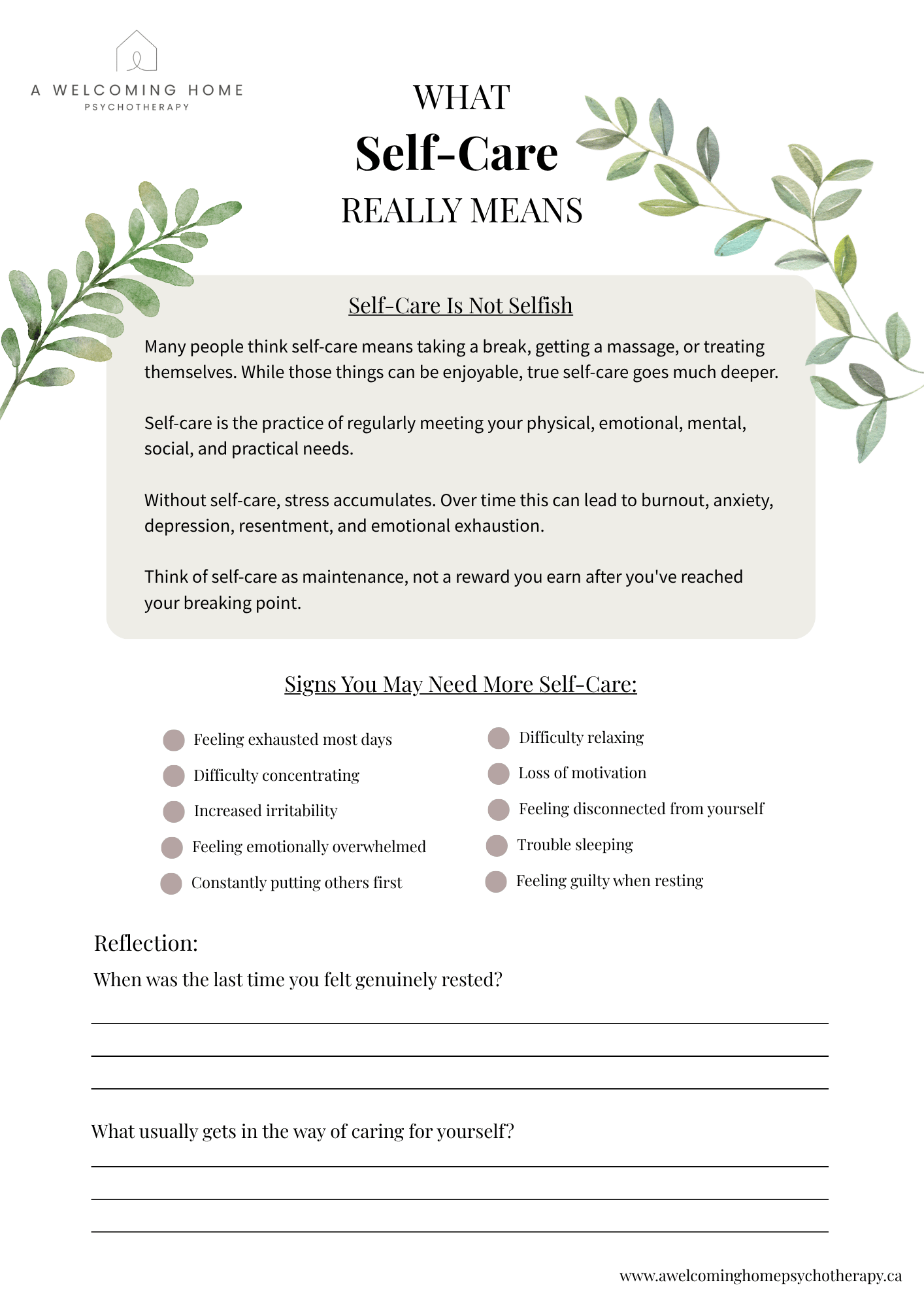 A document titled "What Self-Care Really Means" with a white background, green watercolor leaves in the top corners, and black text. The top left corner has a logo and the words "A Welcoming Home Psychotherapy." The document discusses the importance of understanding self-care as more than just taking breaks or getting massages, emphasizing emotional and mental health.