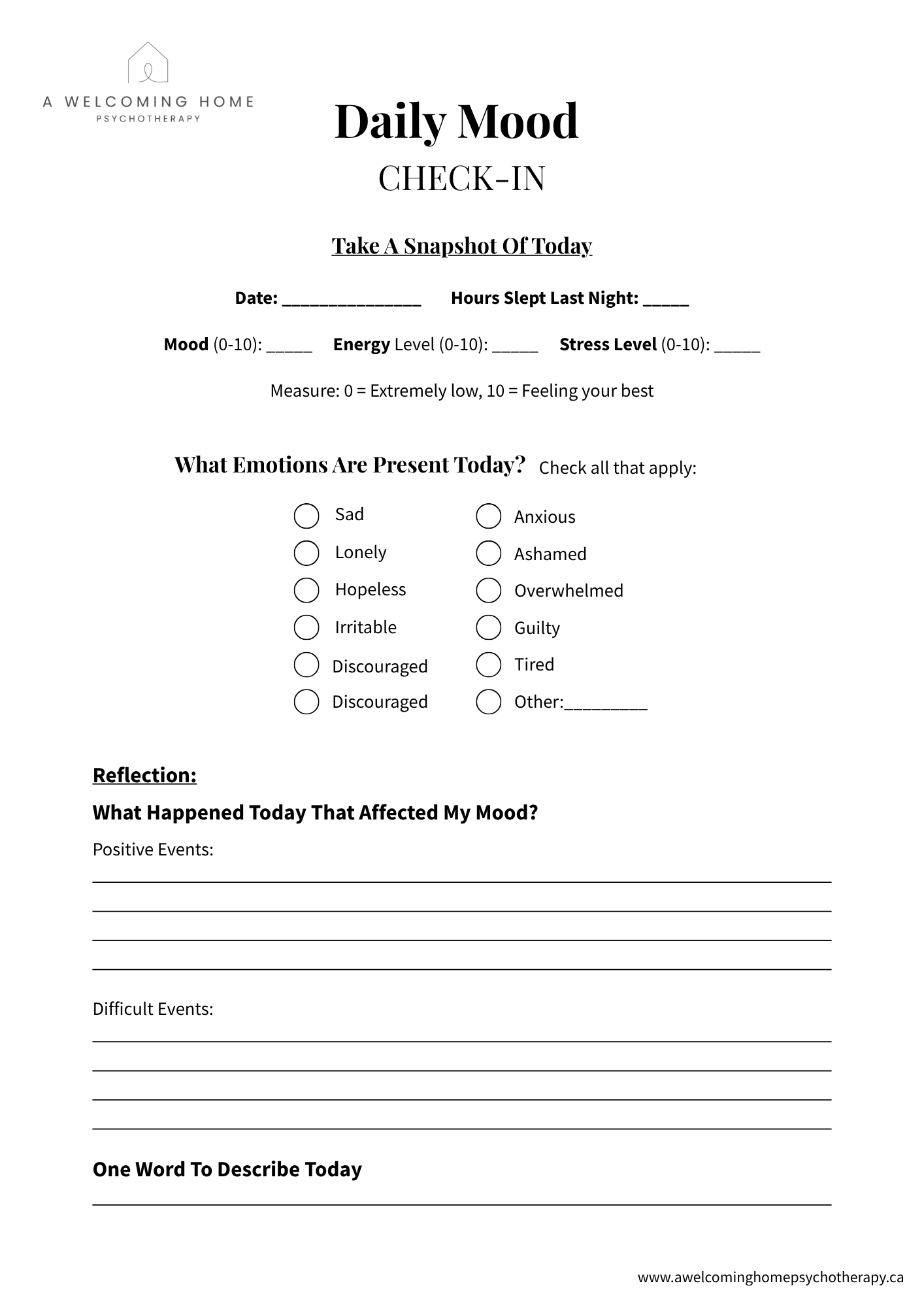 Psychotherapy daily mood check-in worksheet with sections for date, sleep hours, mood, energy, stress level, emotions, reflection, difficult events, and a one-word description, along with the logo of A Welcoming Home Psychotherapy and their website address.
