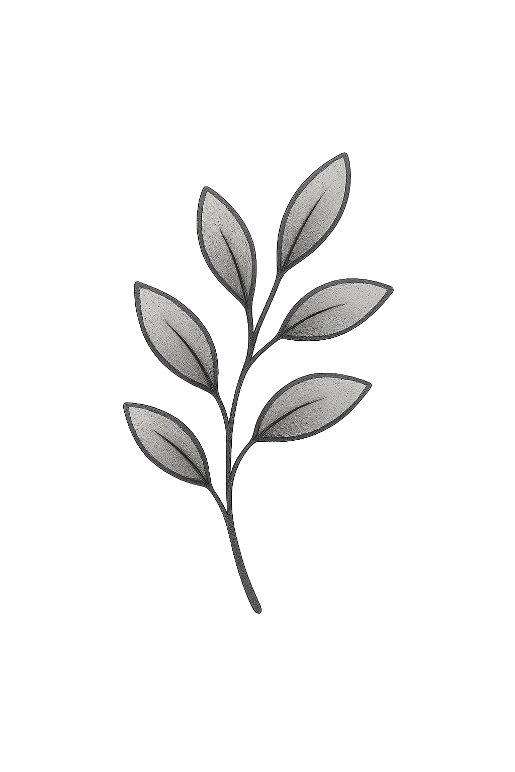 A monochrome illustration of a branch with multiple leaves, rendered in shades of gray on a black background.