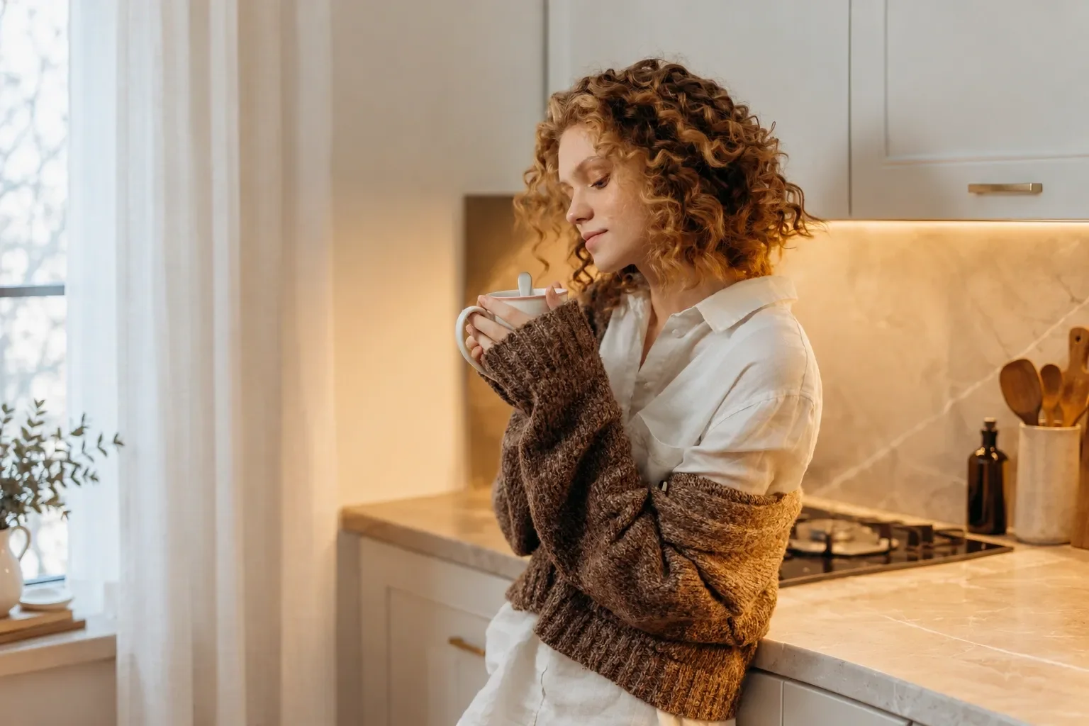 A woman with curly red hair in a kitchen, holding a mug close to her face, wearing a white shirt and a brown sweater.