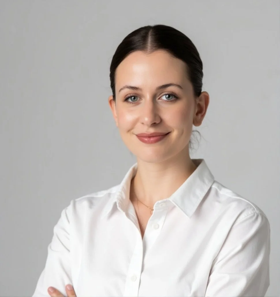 Rebeeca O'Toole - A young woman with dark hair tied back, wearing a white collared shirt, is smiling with arms crossed against a plain gray background.