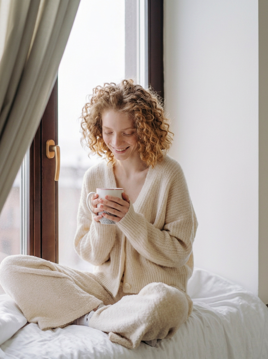 A young  sitting cross-legged on a bed, holding a mug, near a window, smiling.