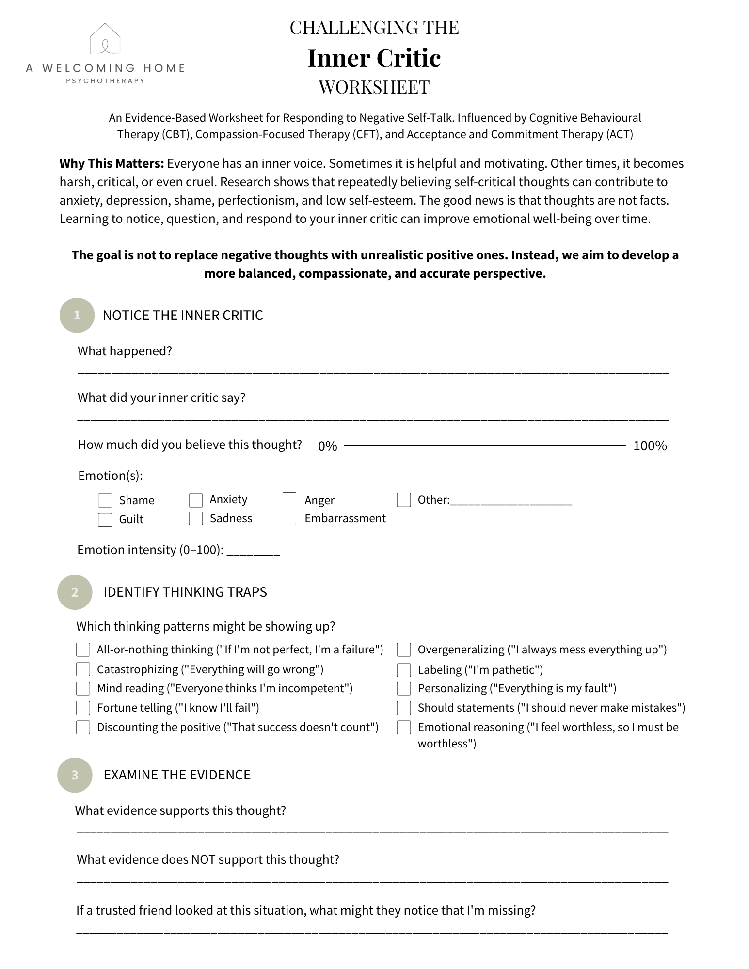 A worksheet titled 'Challenging the Inner Critic' from A Welcoming Home Psychotherapy. It features prompts for recognizing and addressing negative self-talk, including sections on noticing the inner critic, identifying thinking traps, and examining evidence. The worksheet includes checkboxes for emotions like shame, anxiety, anger, and others, as well as space for written responses.