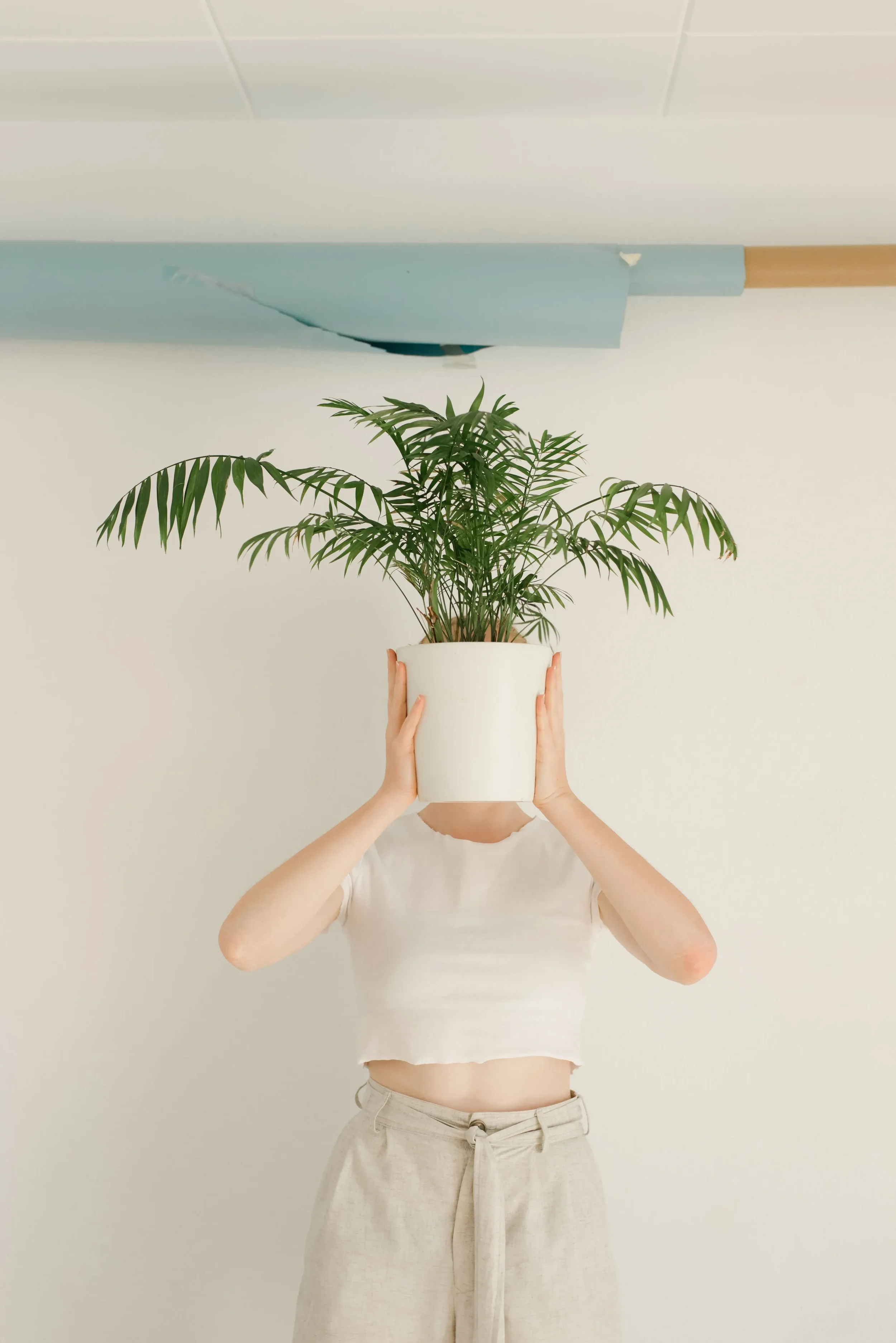 Women holding a potted plant in front of her face representing her growing.