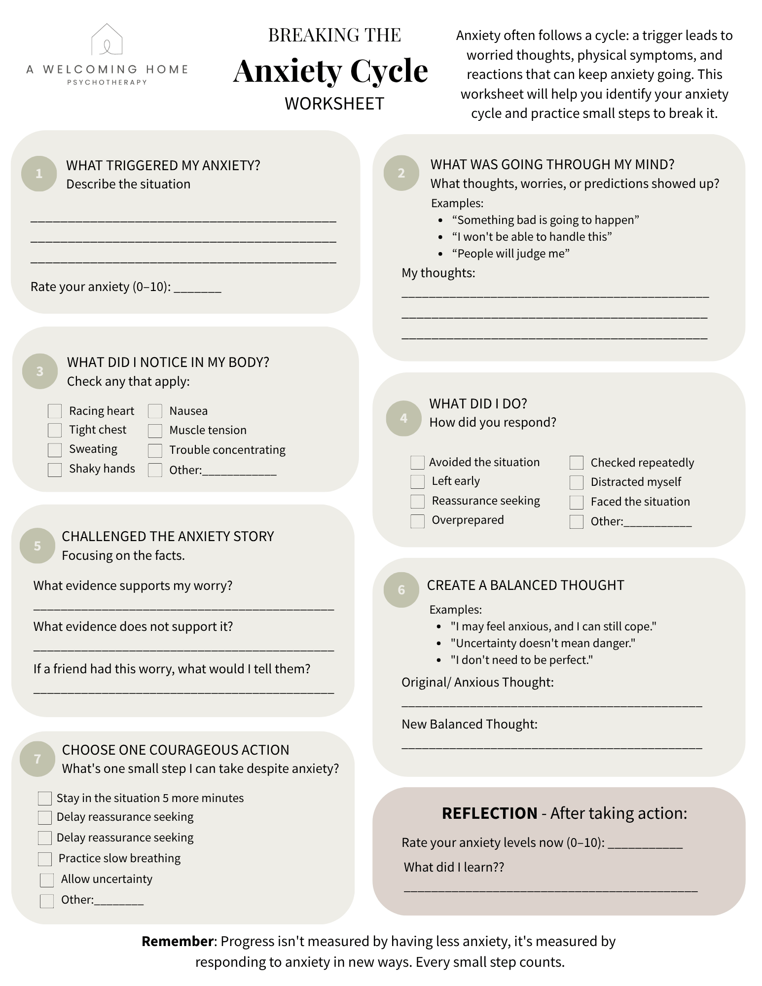 A worksheet titled "Breaking the Anxiety Cycle" designed for psychotherapy, featuring sections for identifying triggers, thoughts, physical sensations, responses, and actions related to anxiety, along with spaces for reflection and choosing courageous actions.