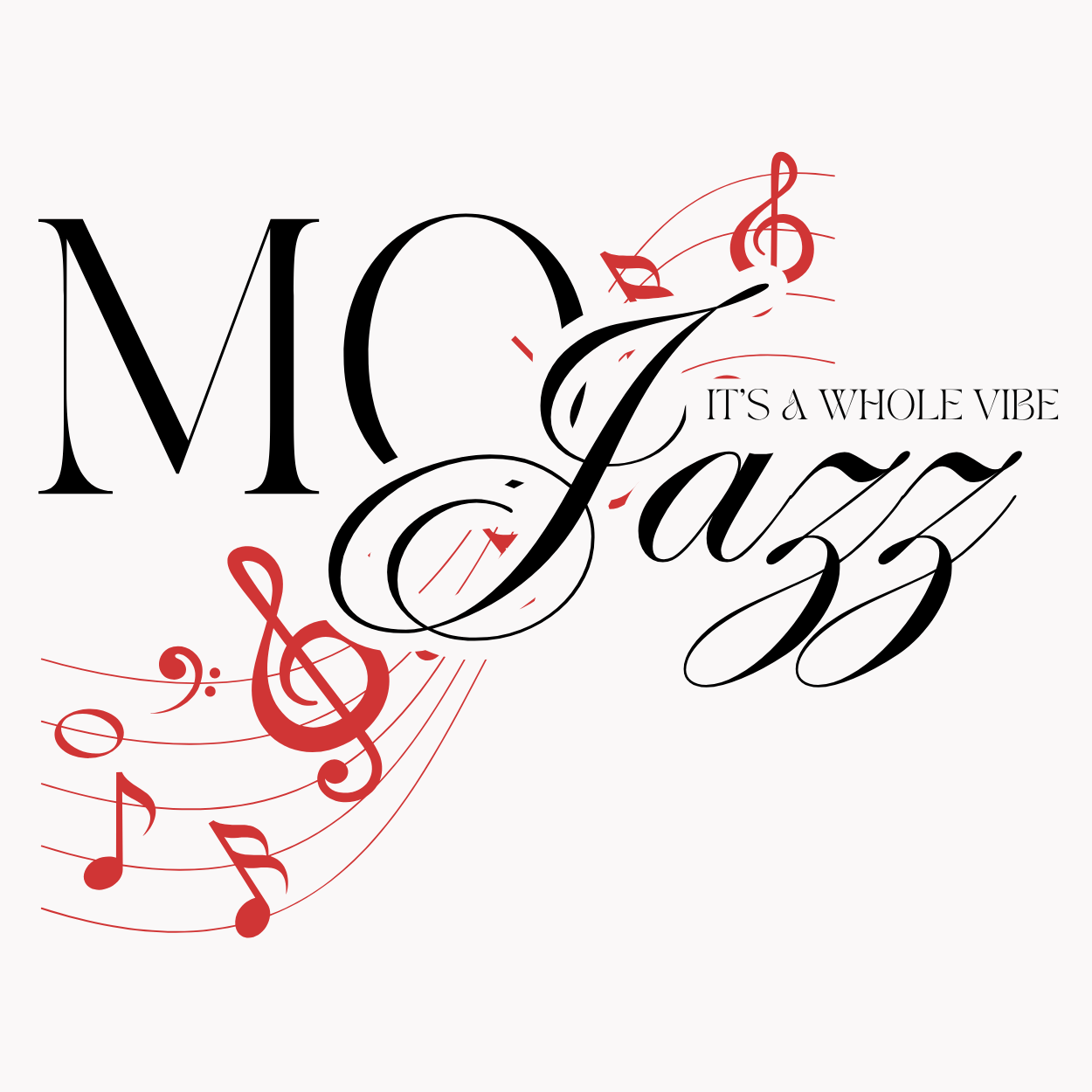 Logo with musical notes and the words "Mo' Jazz" with the tagline "It's a while vibe" in black and red, stylish fonts on a white background.