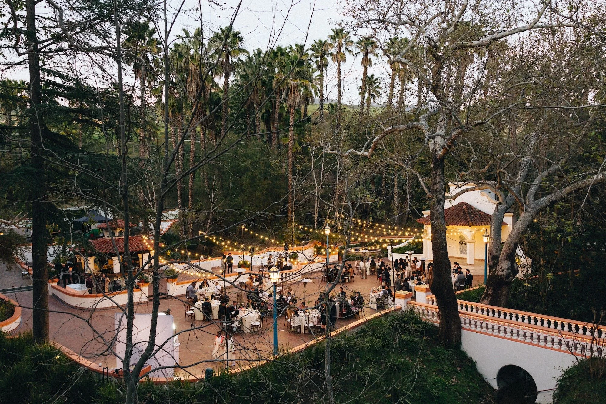 Outdoor evening social event at a venue surrounded by trees, with string lights overhead, tables, and guests dining and mingling.