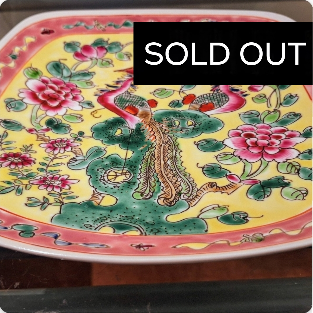 SOLD OUT  Yellow Nonya Peranakan Plate – Hand Painted Phoenixes and Floral Design