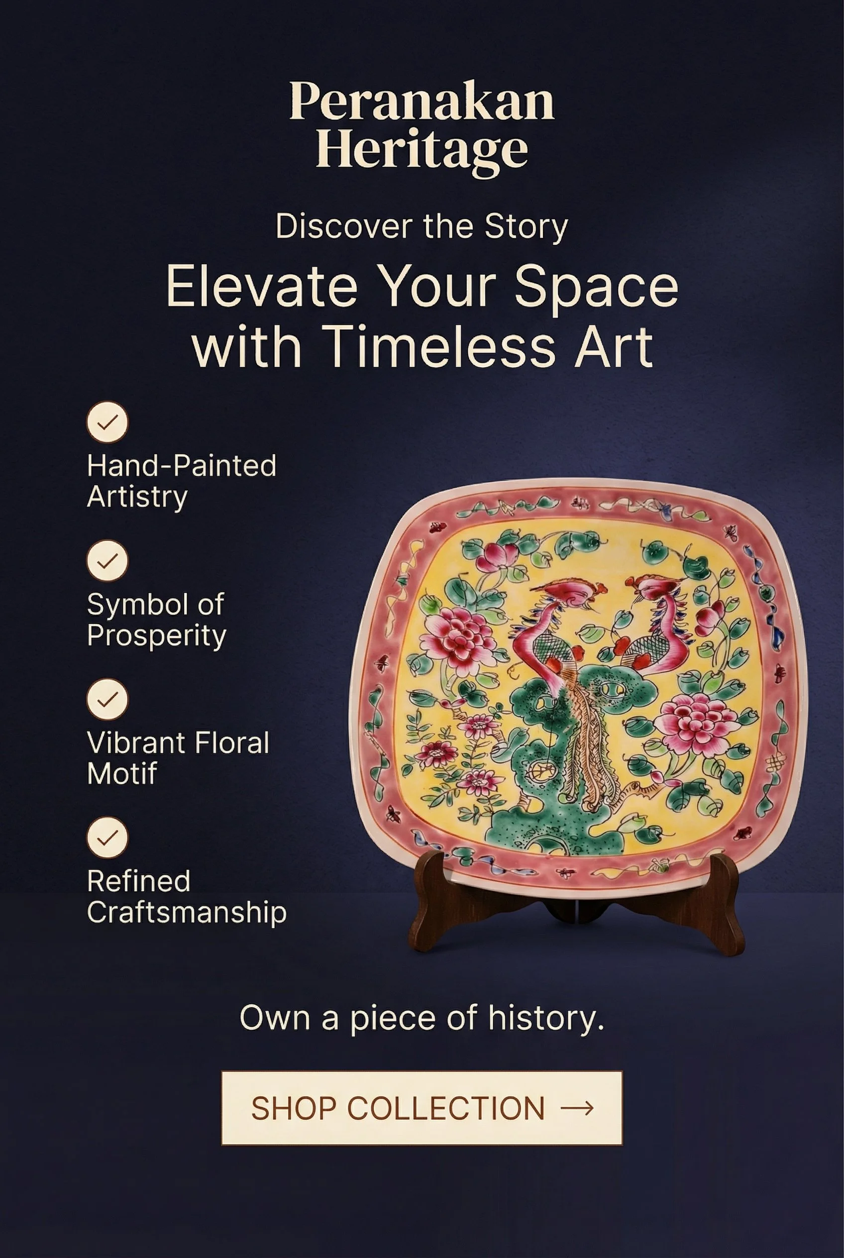 Yellow Nonya Peranakan Plate – Hand Painted Phoenixes and Floral Design