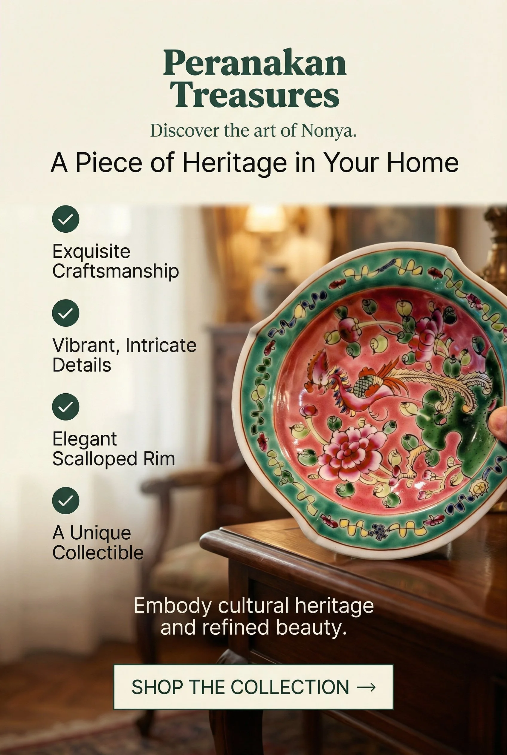 Nyonya Peranakan Ceramic Plate – Hand-Painted Phoenix & Floral Design, Trapezium  shaped