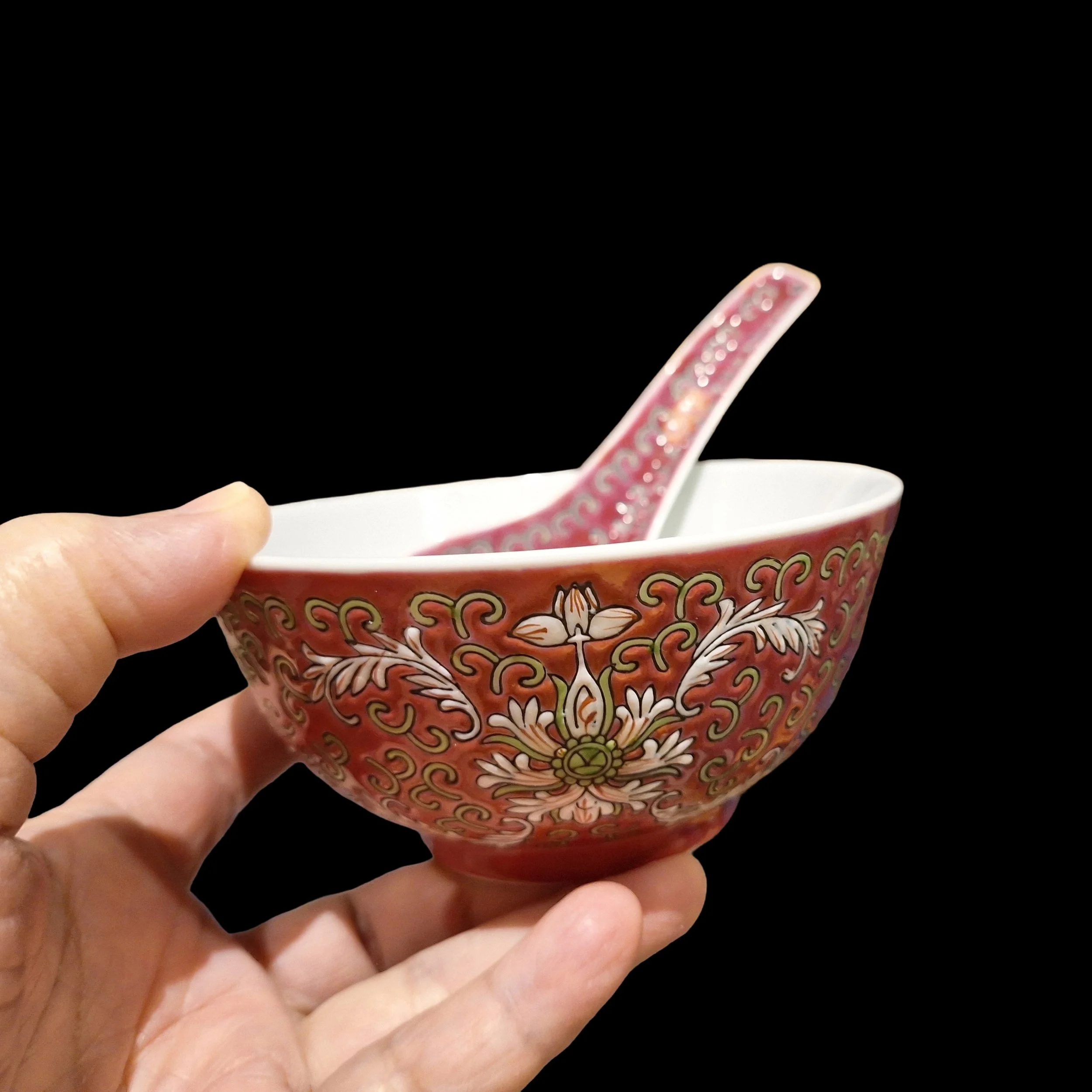 One Set of Authentic Vintage Chinese Famille Rose Porcelain Bowl with Matching Spoon from Jindezhen