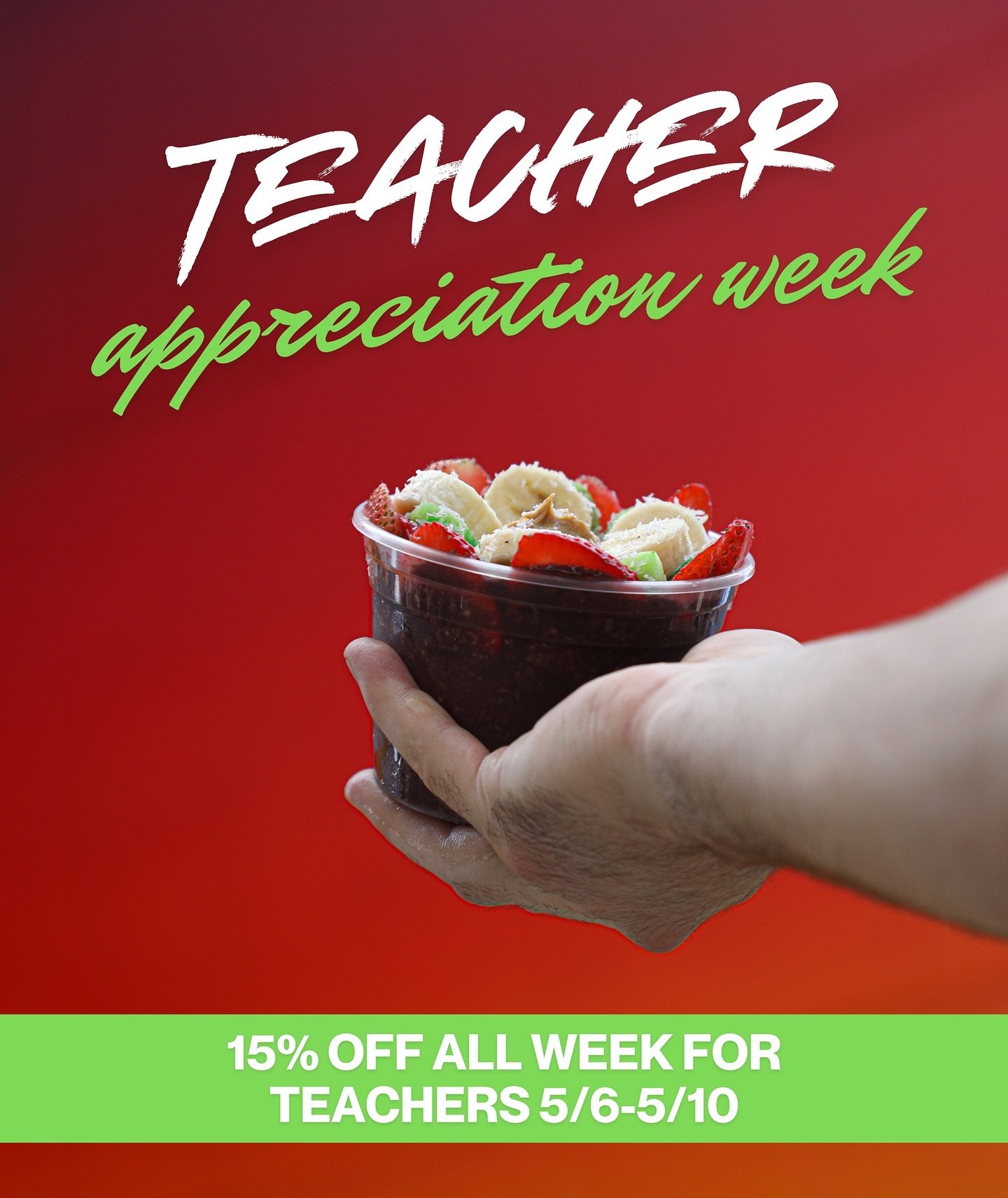 TEACHER APPRECIATION WEEK 📚 15% off all week for all of our teachers! We appreciate ALL that you do! ❤️🙌🏻 Tag your favorite teacher in the comments! We will be picking a teacher to win free smoothies or bowls for a month! 🤩🔥 #Juicedup #teacherap