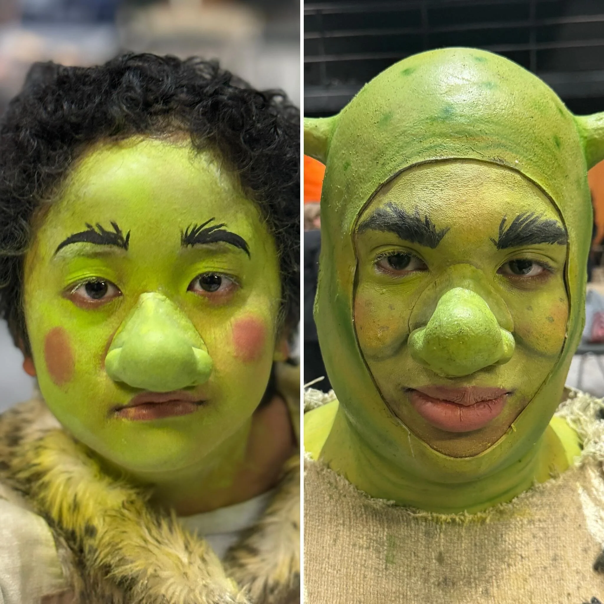 Posted Adult Shrek yesterday but here is his younger version. Green and brow filled. Signature twinning. ✅ Done by makeup team with my help and design. ❤️❤️

Come and see Shrek: The Musical at @erhstheater in Eastvale! 

#musicaltheatre #shrek #love 