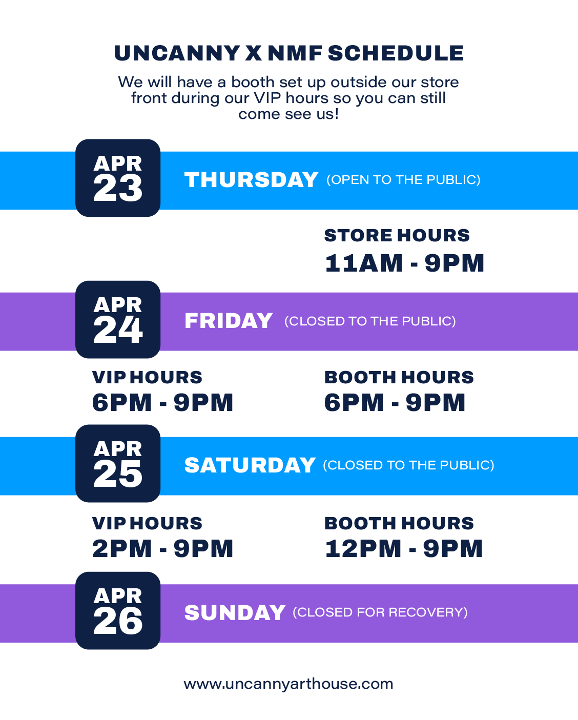 A schedule of hours for both the Norman Music Festival VIP and the vending booth that will be open in front of the building the weekend of the festival shows hours and dates