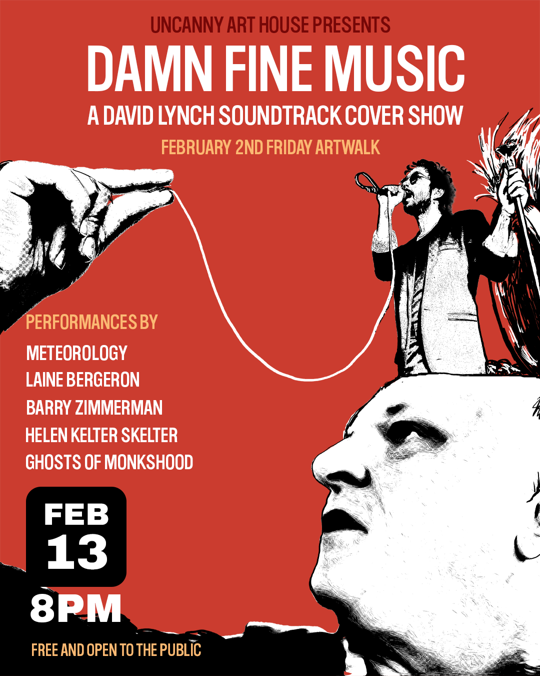Show flyer for Damn Fine Music that shows Laine Bergeron singing out of the top of Barry Zimmerman's head