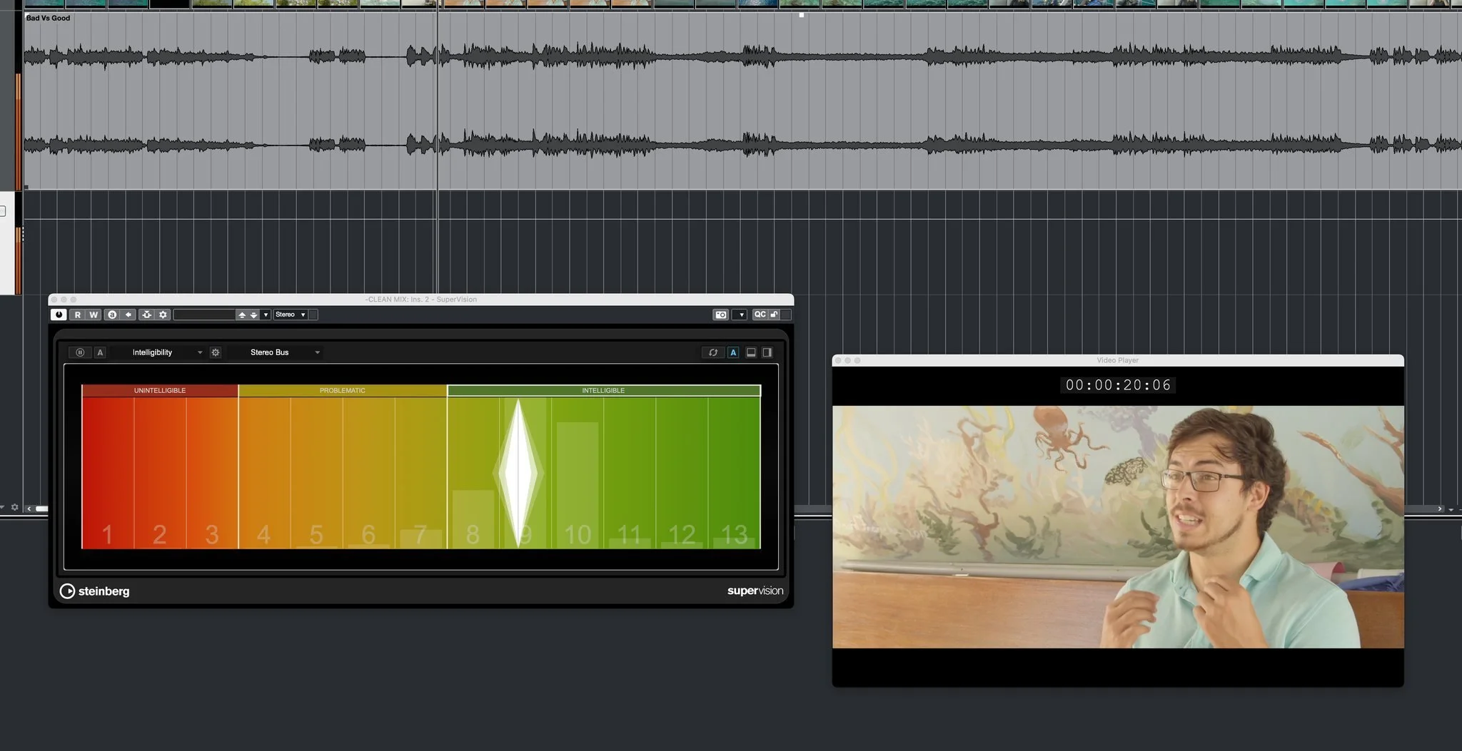 A screen capture still of working with audio for a video client. Shows wave forms and audio levels with the scene that the audio is from.