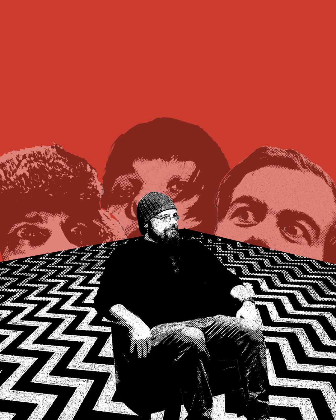 Image depicts musician Meteorolgy being ominously observed by Ghosts of Monkshood heads