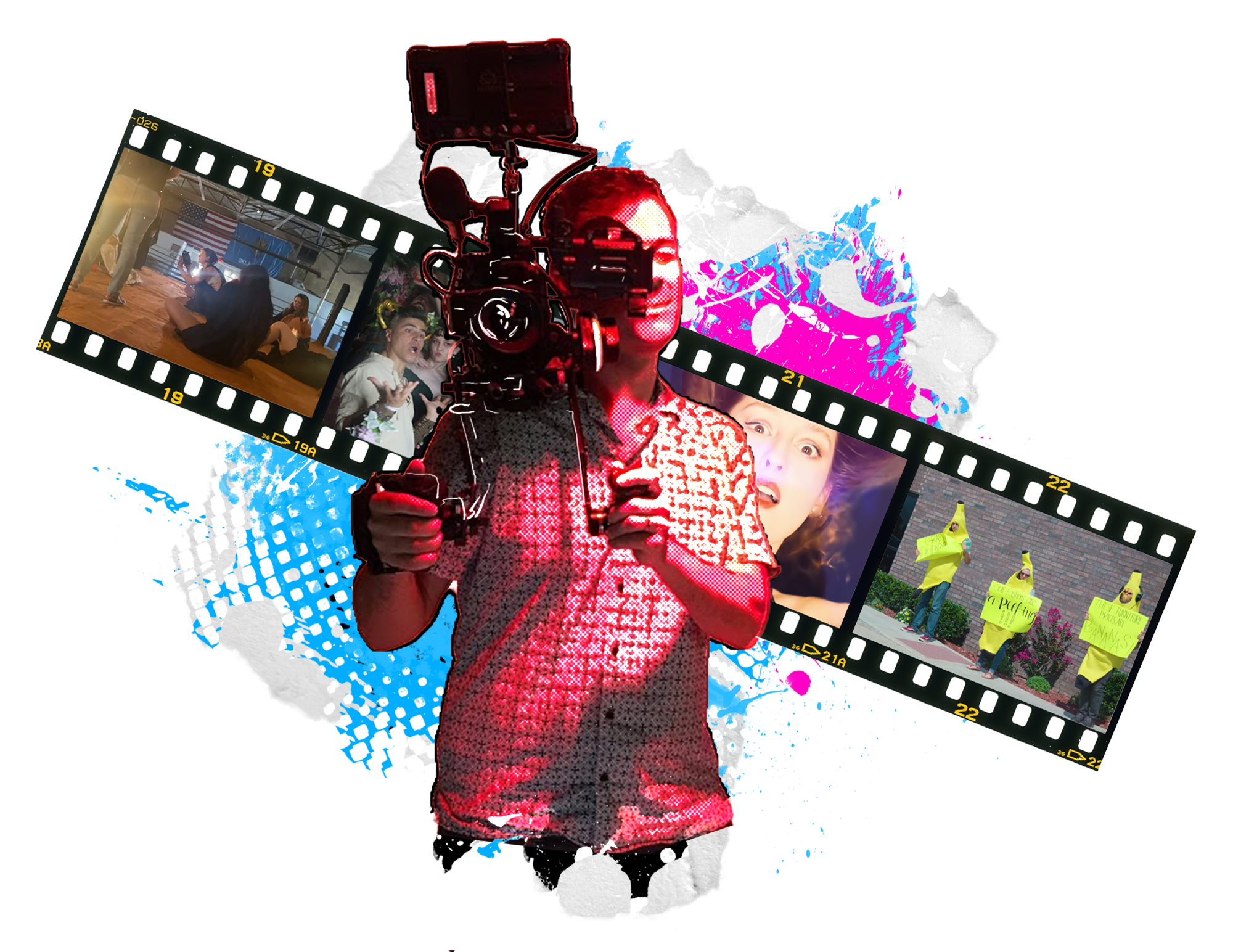 A person is holding a video camera and recording, with film strips showing scenes of people socializing indoors and protesting outdoors, amidst abstract colorful backgrounds.