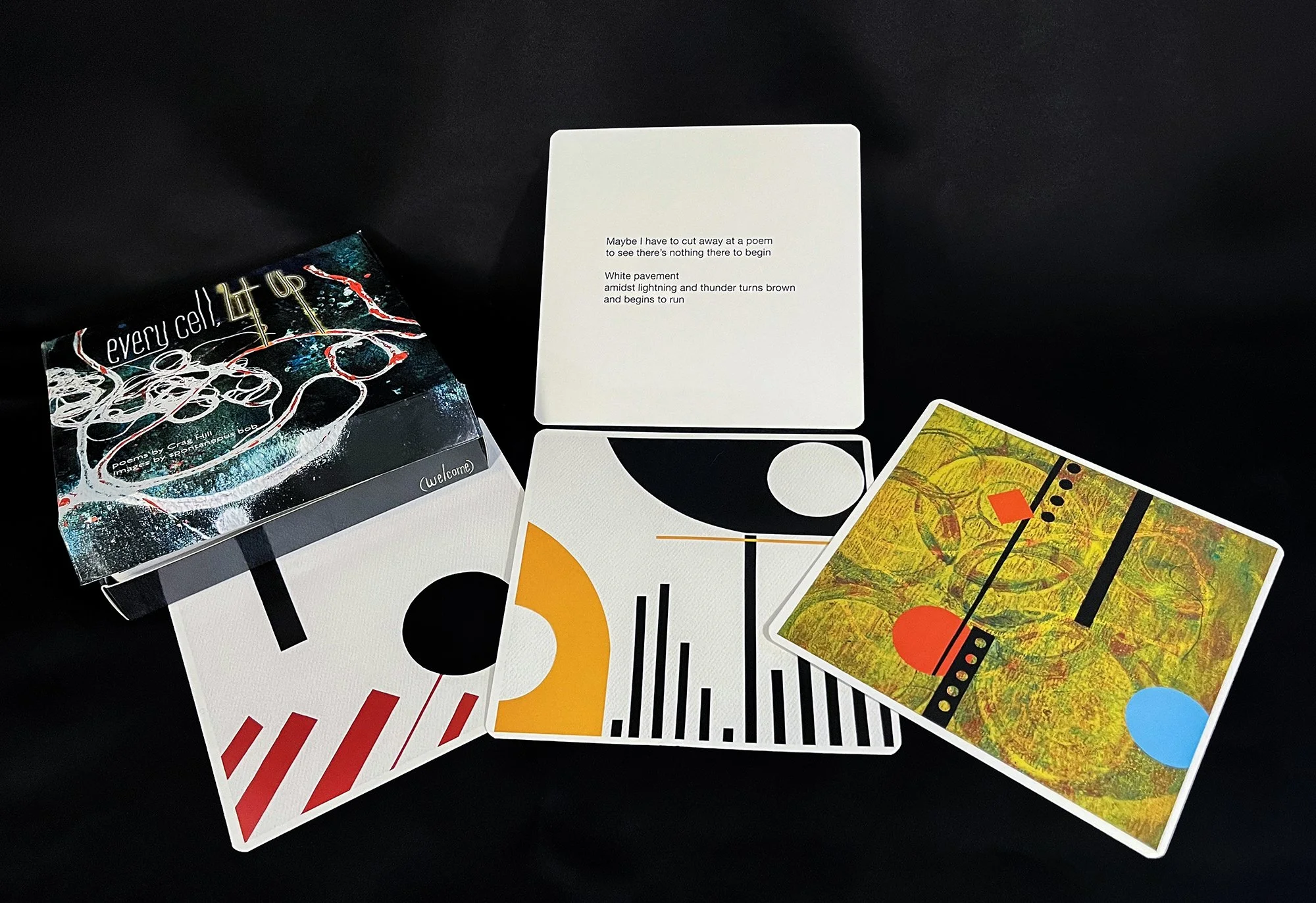 Photograph example of the collaborative poetry cards from spontaneous bob and Craig Hill. It demonstrates the abstract nature of bob's work and features an example of Hill's 5 line poetry.