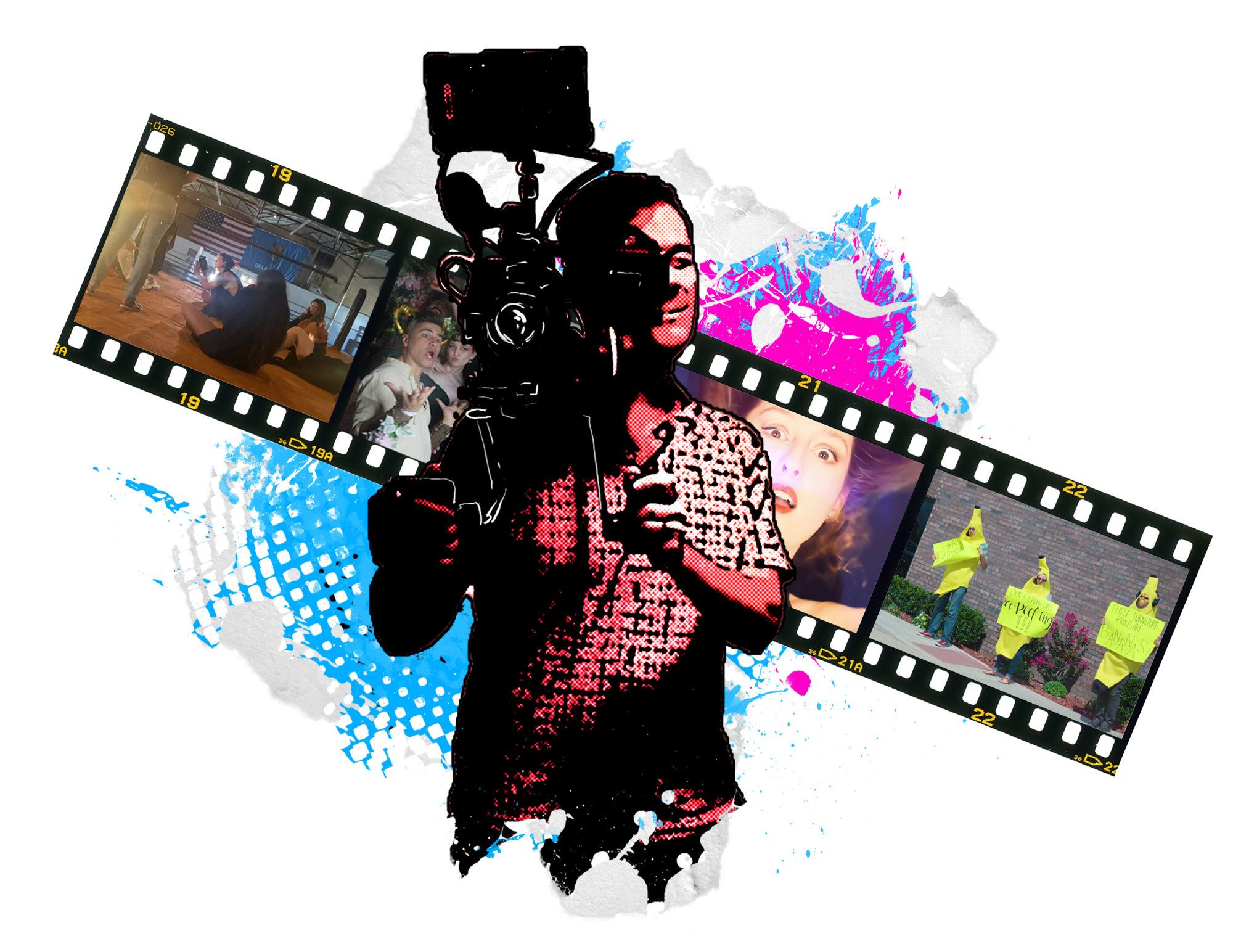 Graphic element featuring a man holding a camera with examples of video on a film reel with a blue and pink background with ripped paper