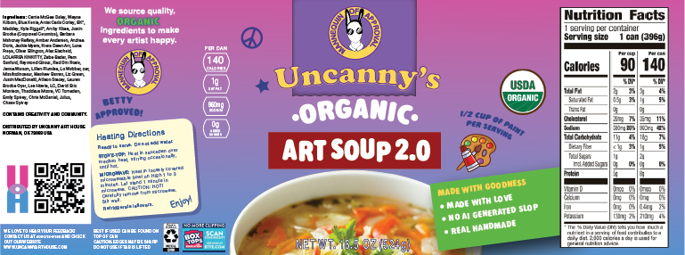 The design of the Art Soup 2.0 can was inspired by Annie's Organic Soup brand and features all the artists in the ingredients label